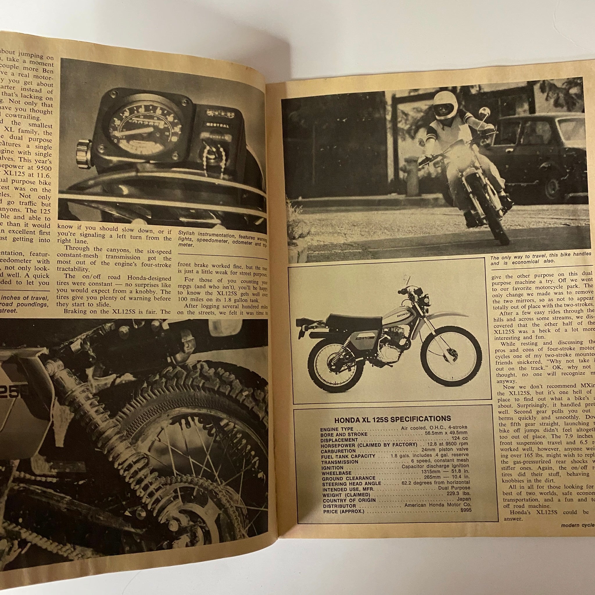 Page from Modern Cycle Magazine December 1979 Vol 15 No. 5 featuring specifications for the Honda XL125S motorcycle, alongside relevant images.
