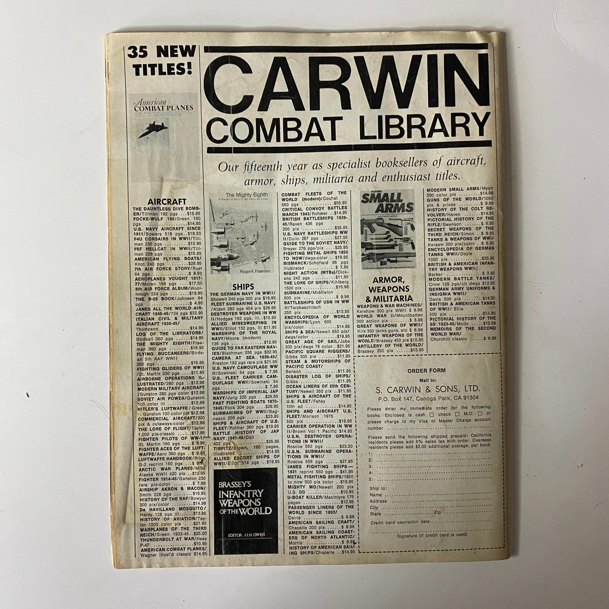 Advertisement page from Modern Cycle Magazine December 1979 Vol 15 No. 5 for Carwin Combat Library, promoting various military and enthusiast titles.