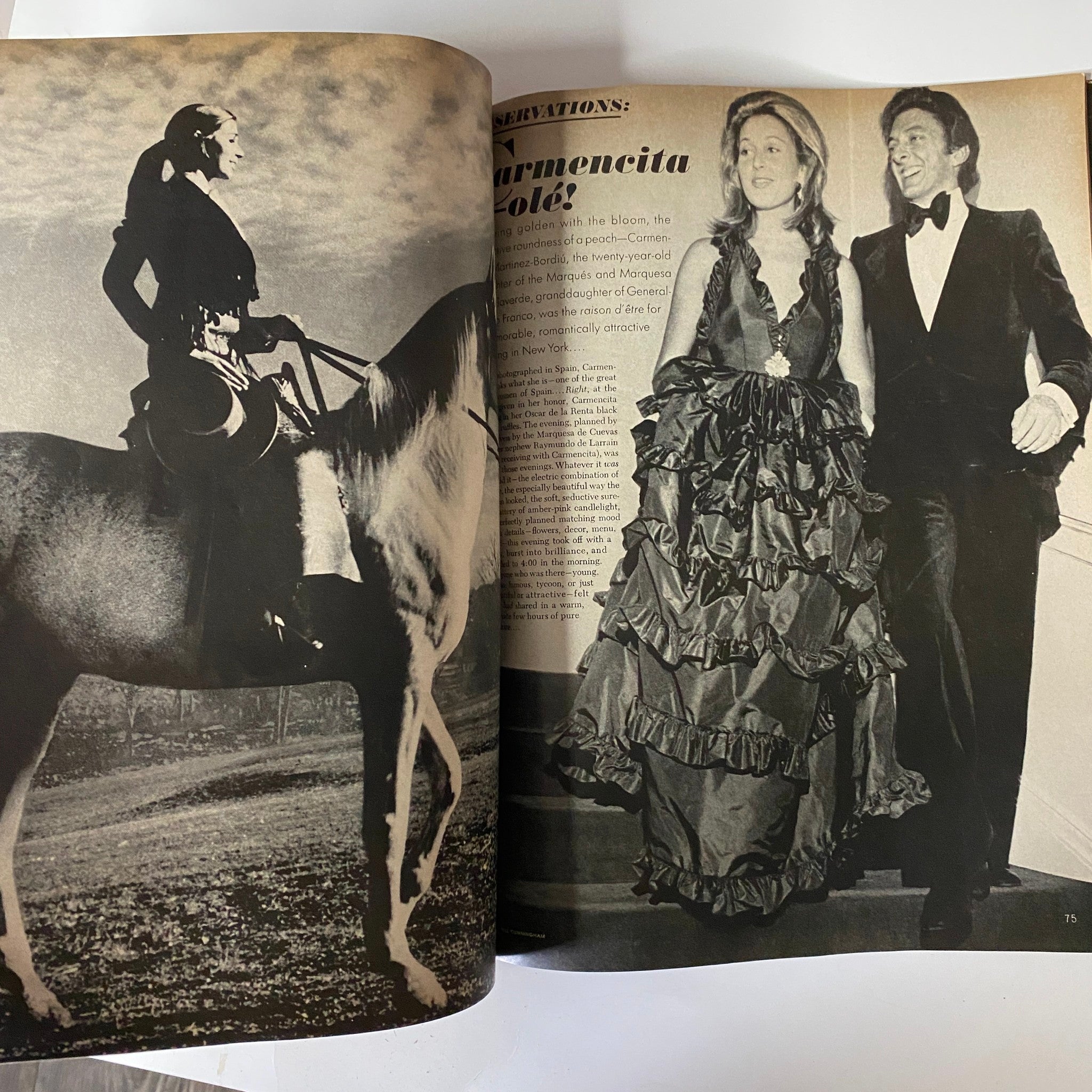 Black and white photograph from Vogue Magazine January 15, 1972 featuring a model on horseback and a man in a tuxedo, depicting 1970s fashion.