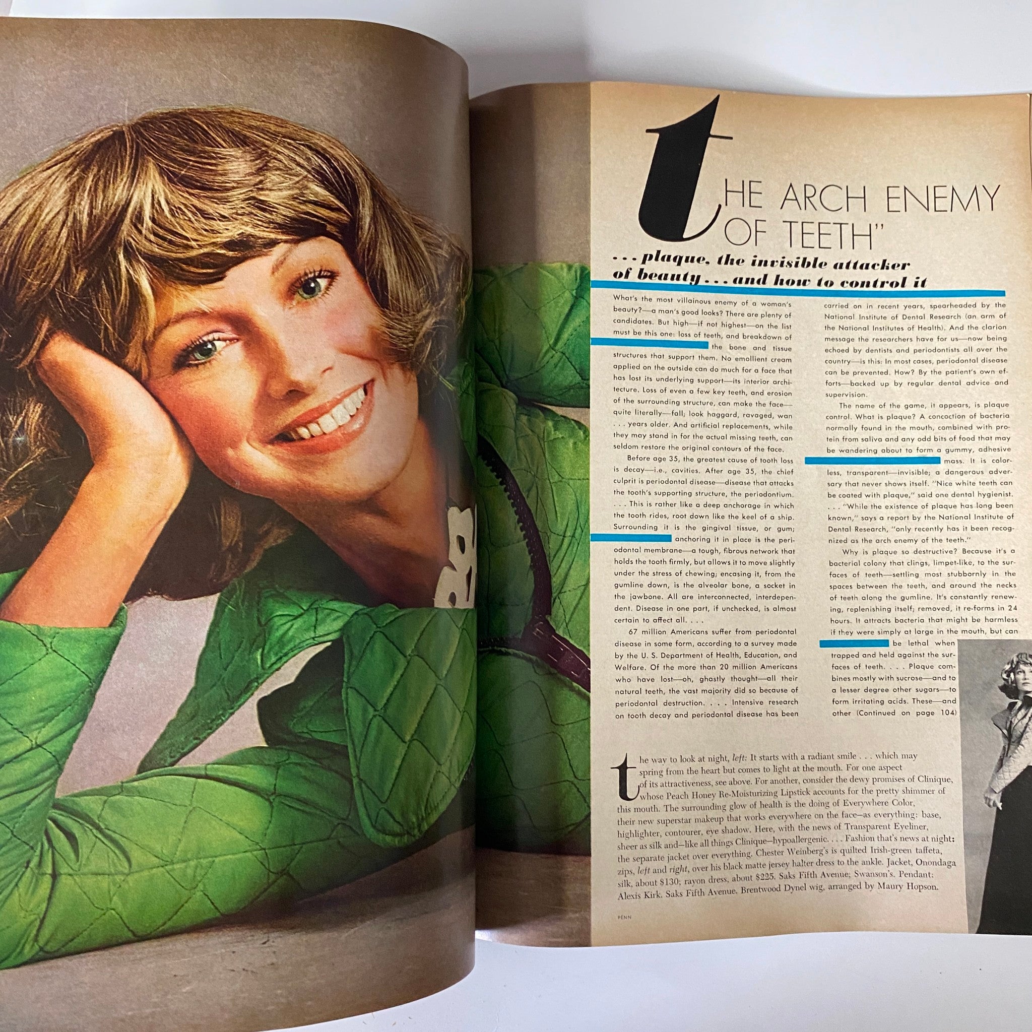 Fashion article from Vogue Magazine January 15, 1972 highlighting dental health, titled 'The Arch Enemy of Teeth', with an editorial photo and text.