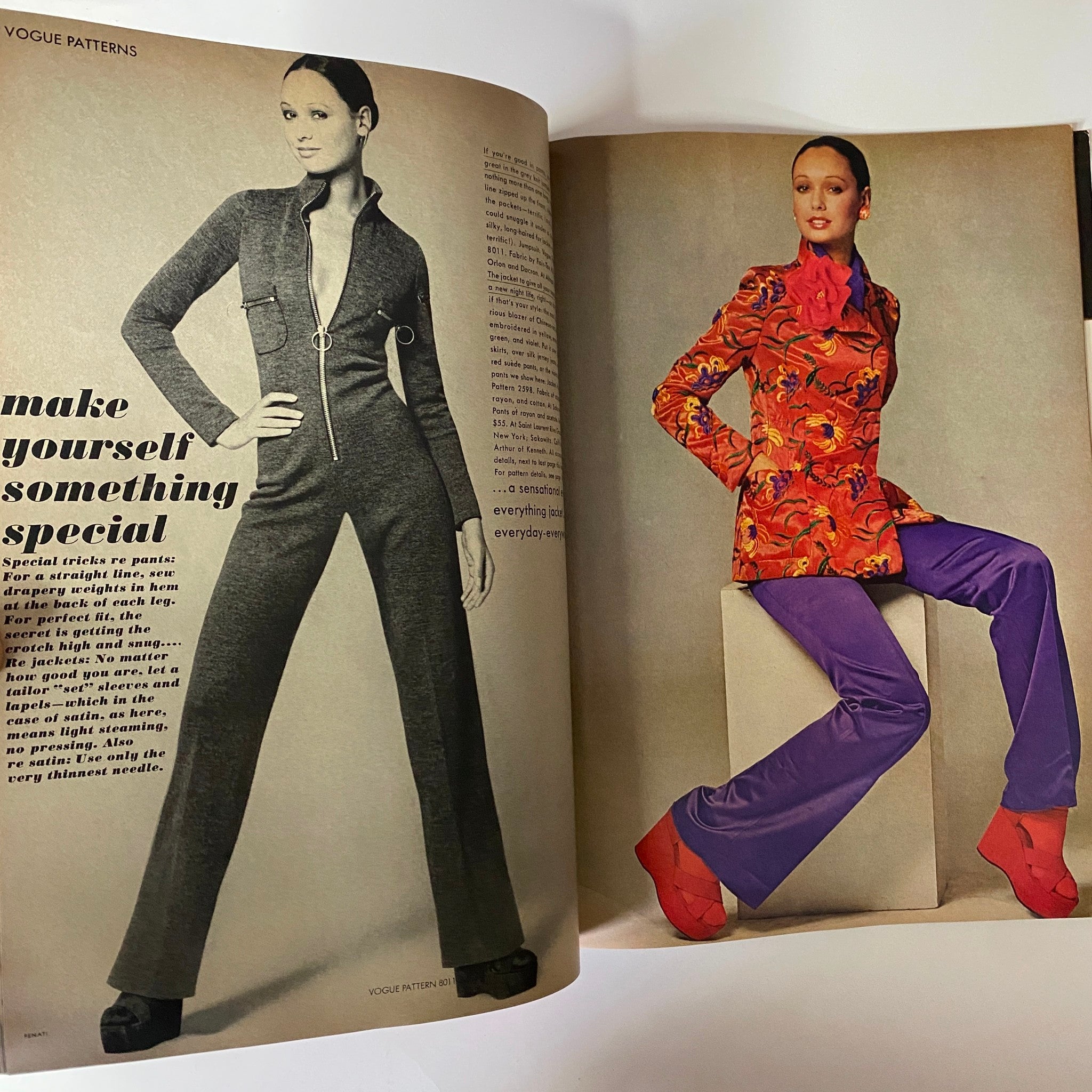 Fashion spread from Vogue Magazine January 15, 1972 featuring a model in stylish jumpsuit and colorful jacket ensemble, emphasizing the trend of stylish patterns and jumpsuit fashion.