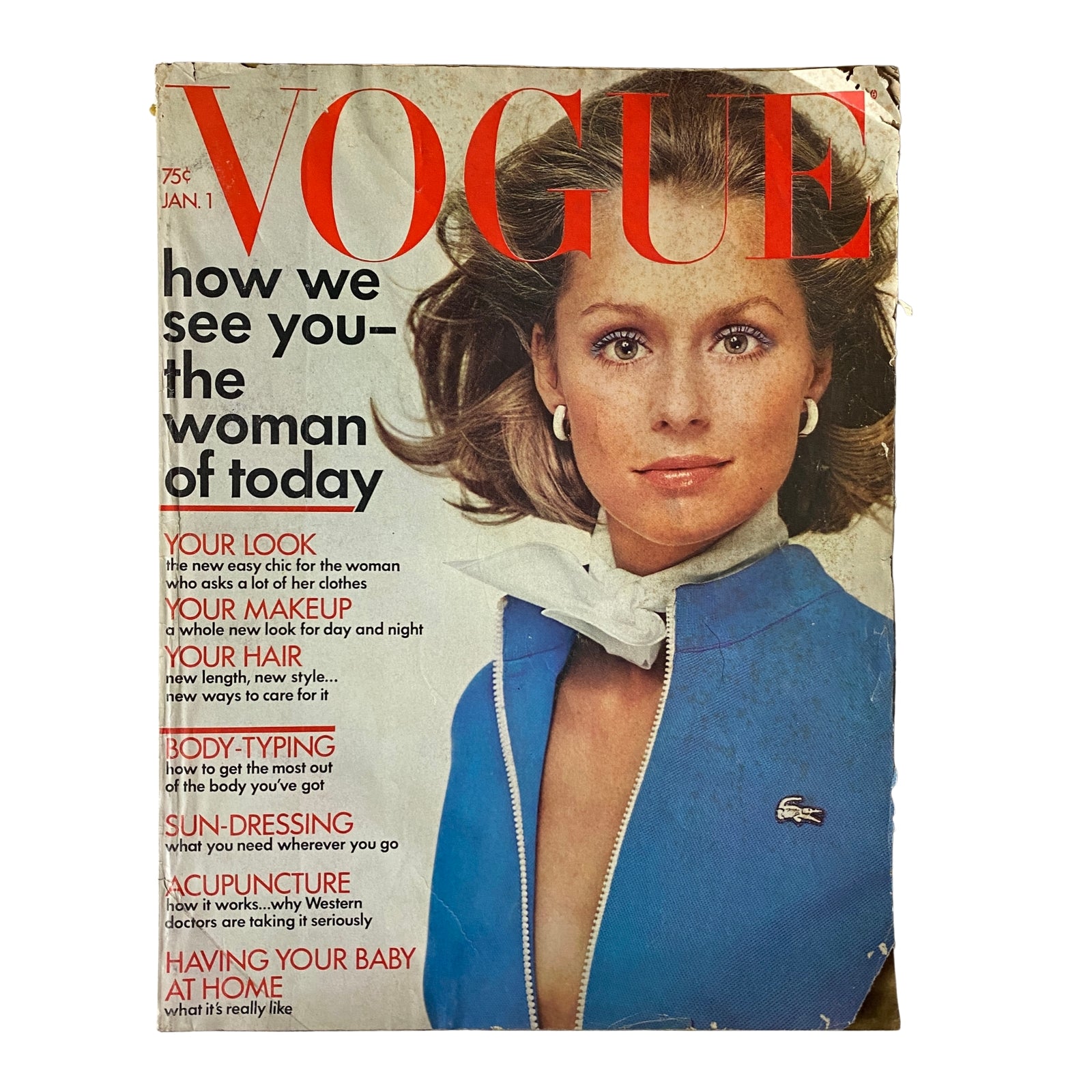 Vogue Magazine January 1, 1972 featuring Lauren Hutton on the cover, showcasing a fashion editorial with topics on beauty, body typing, and self-care.