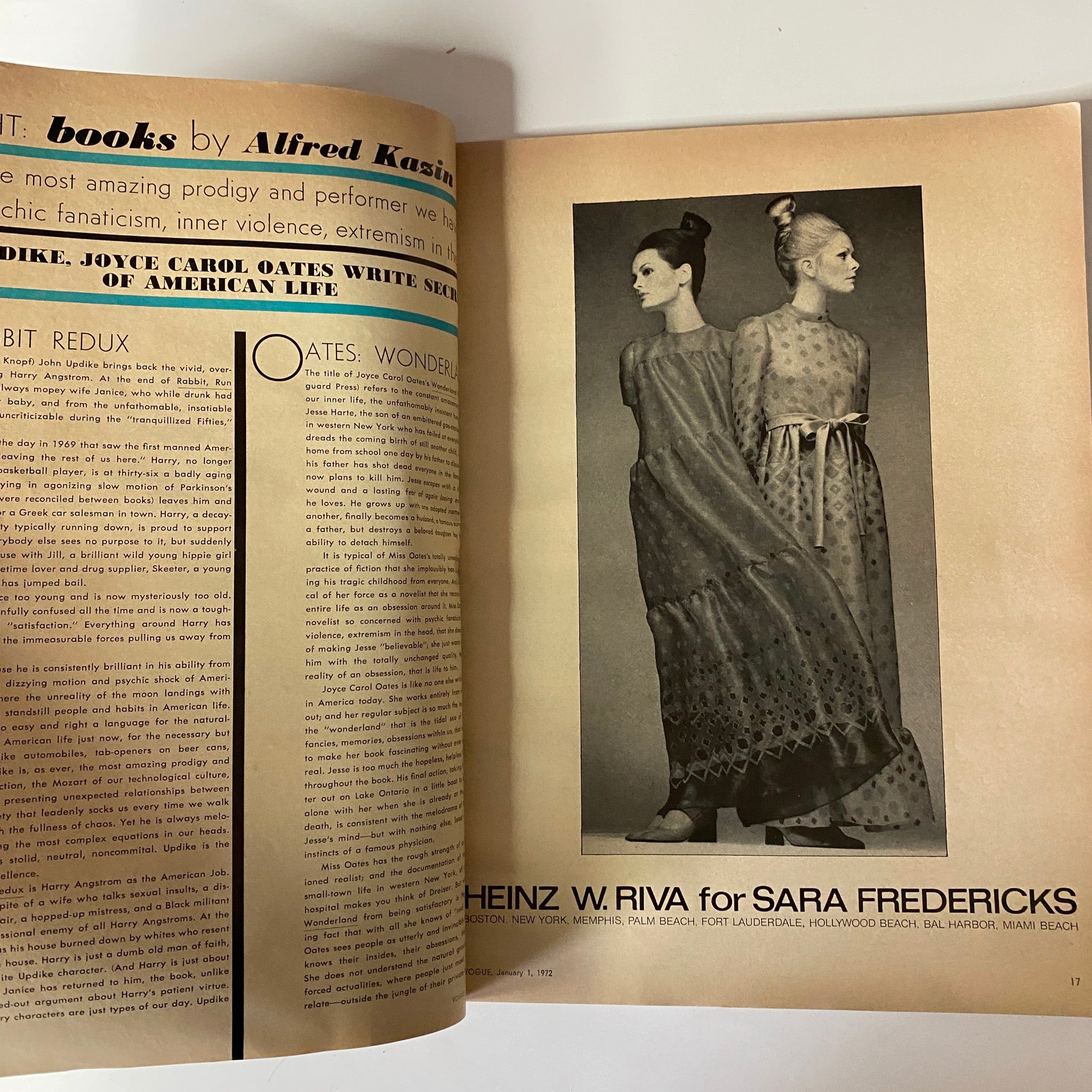 Interior page of Vogue Magazine January 1, 1972 featuring a full-page advertisement by Heinz W. Riva for Sara Fredericks, showcasing elegant eveningwear in a high fashion editorial.