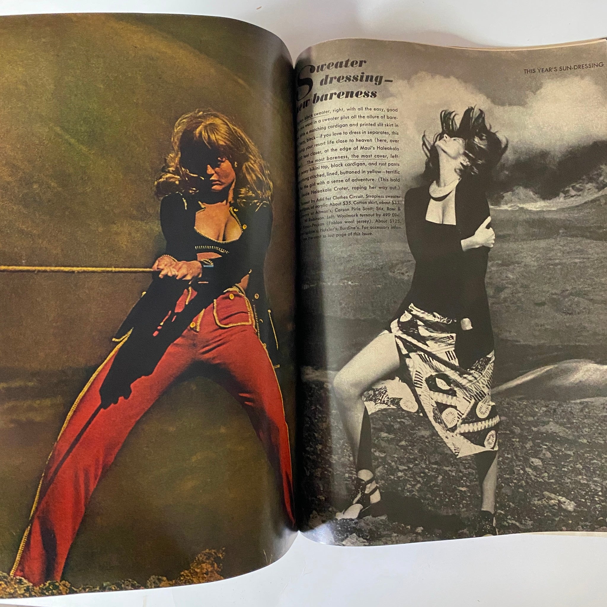 Vogue Magazine January 1, 1972 Lauren Hutton Cover GD Interior featuring a dynamic fashion editorial with models in striking outfits, demonstrating bold styles and colors typical of the 1970s.