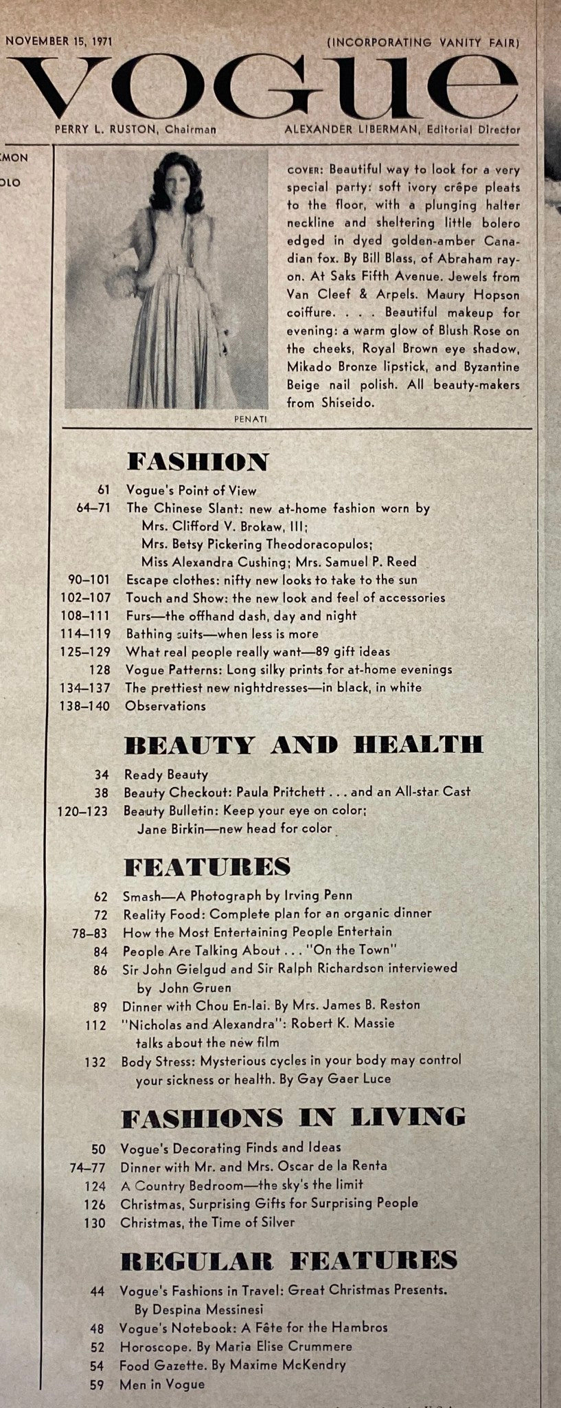 Table of contents from Vogue Magazine November 15, 1971, detailing features on fashion, beauty, and lifestyle topics.