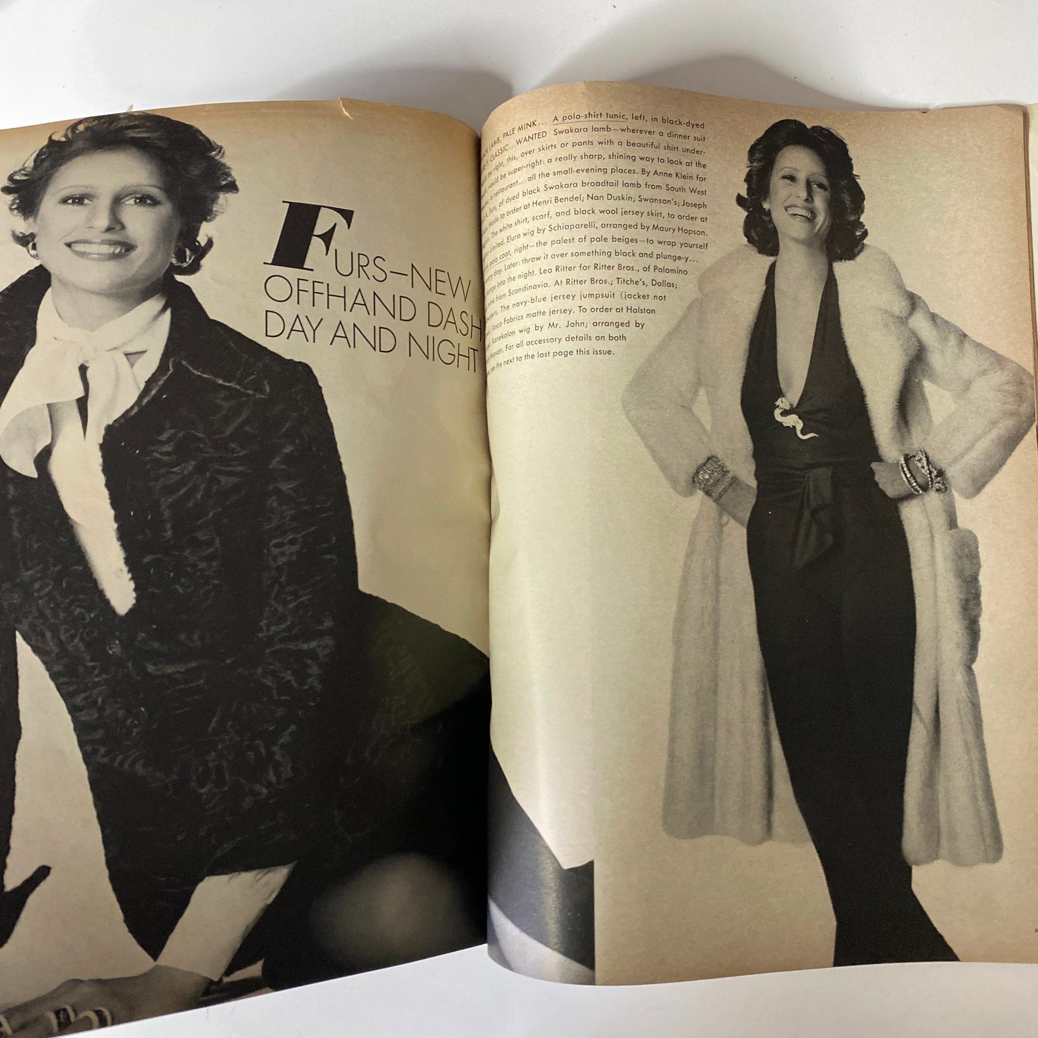 Vogue Magazine November 15, 1971: A striking black-and-white portrait of a stylish woman in luxurious fur, presenting the sophistication of evening wear and fashion trends from the 1971 era.