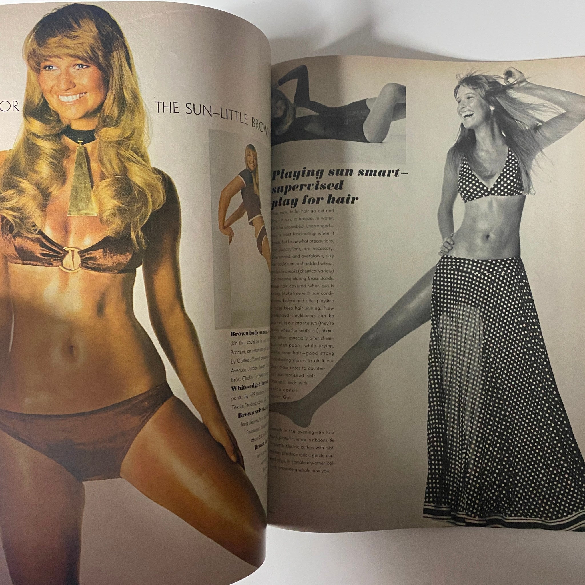 A fashion page from Vogue Magazine May 1971 displaying a model in swimwear, emphasizing playful summer styles and sun safety tips.