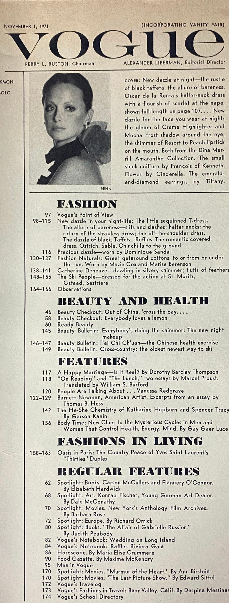 Editorial page from November 1, 1971 issue of Vogue Magazine, listing features such as fashion highlights, beauty articles, and lifestyle pieces alongside a portrait of a model in dramatic makeup and styling.