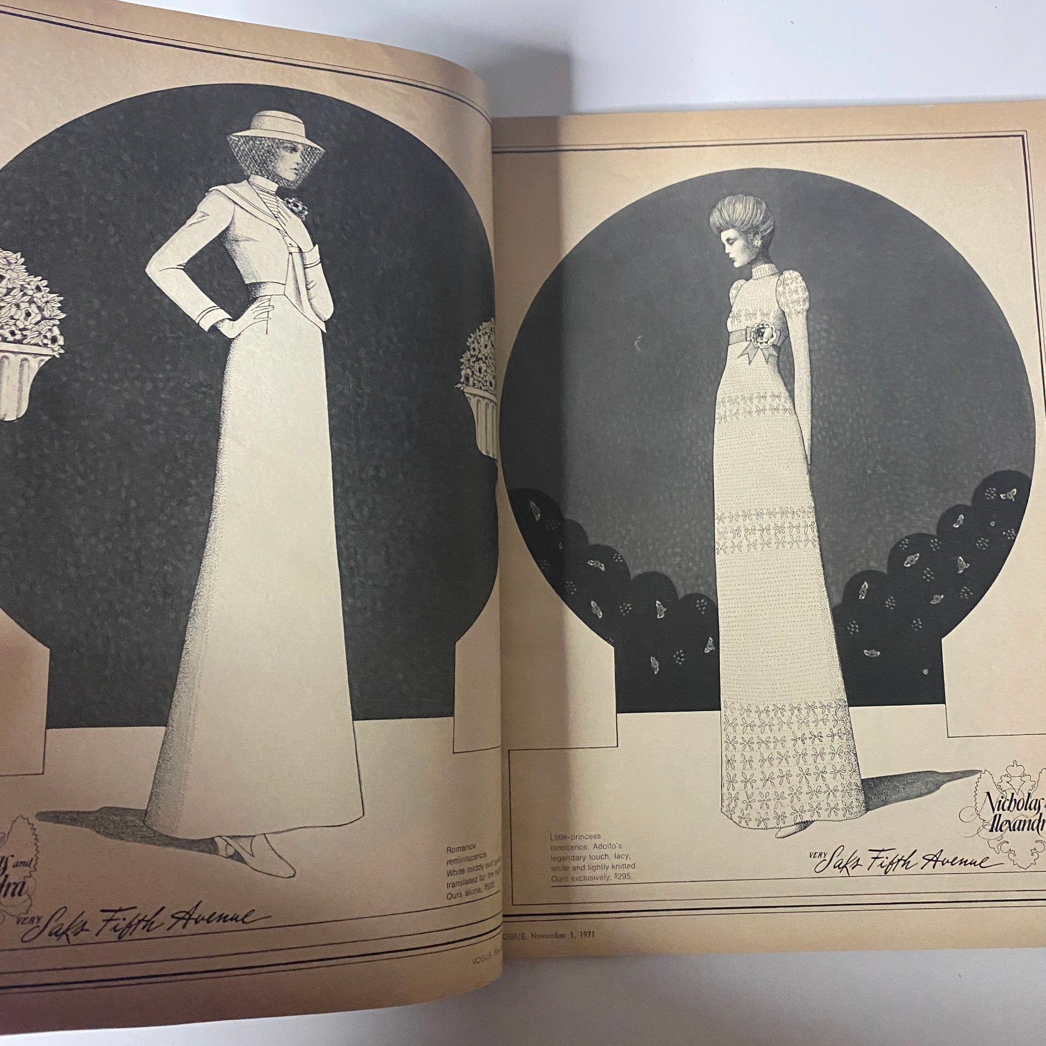 Illustrations featuring elegant women's fashion designs from Vogue Magazine - November 1, 1971. The page showcases chic long dresses and hats, reflecting early 1970s styles.