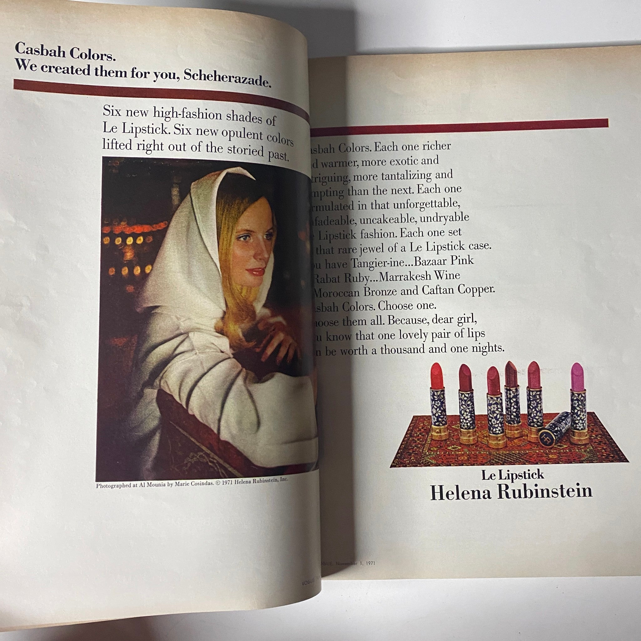 Advertisement for Helena Rubinstein's Le Lipstick featuring six high-fashion colors. The image includes a model wearing a stylish headscarf and displaying the luxurious lipstick shades from Vogue Magazine - November 1, 1971.