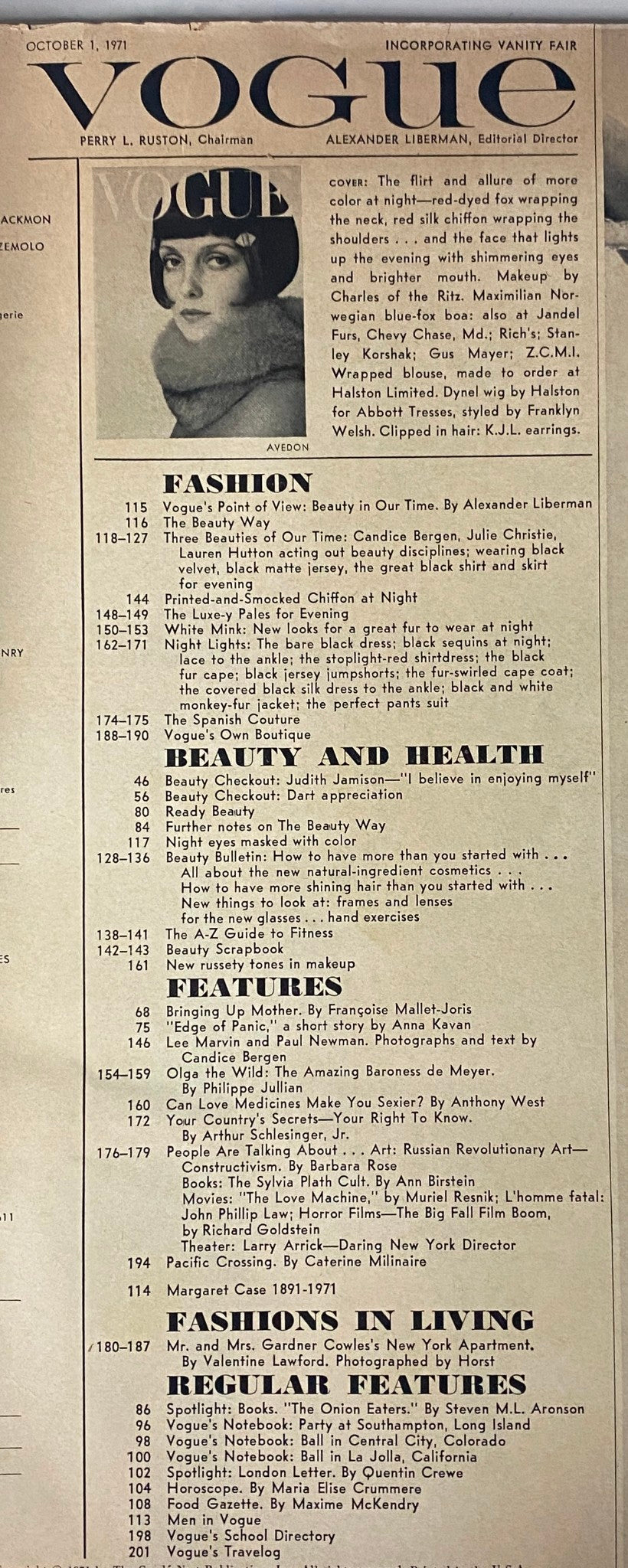 Contents page of Vogue Magazine, October 1, 1971, outlining fashion articles and beauty features, giving insight into the editorial focus of the issue.