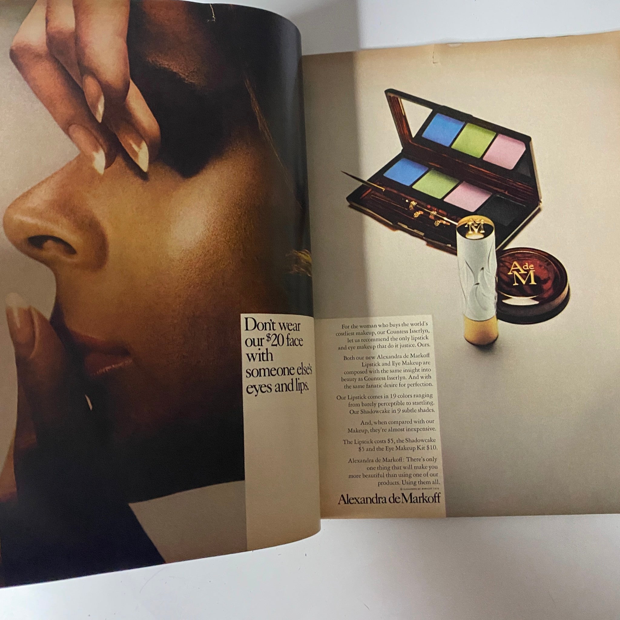 Vogue Magazine October 1, 1971 Donna Mitchell Cover featuring a model's face with elegant makeup, showcasing beauty products from Alexandra de Markoff. This image highlights the magazine's focus on beauty and fashion.