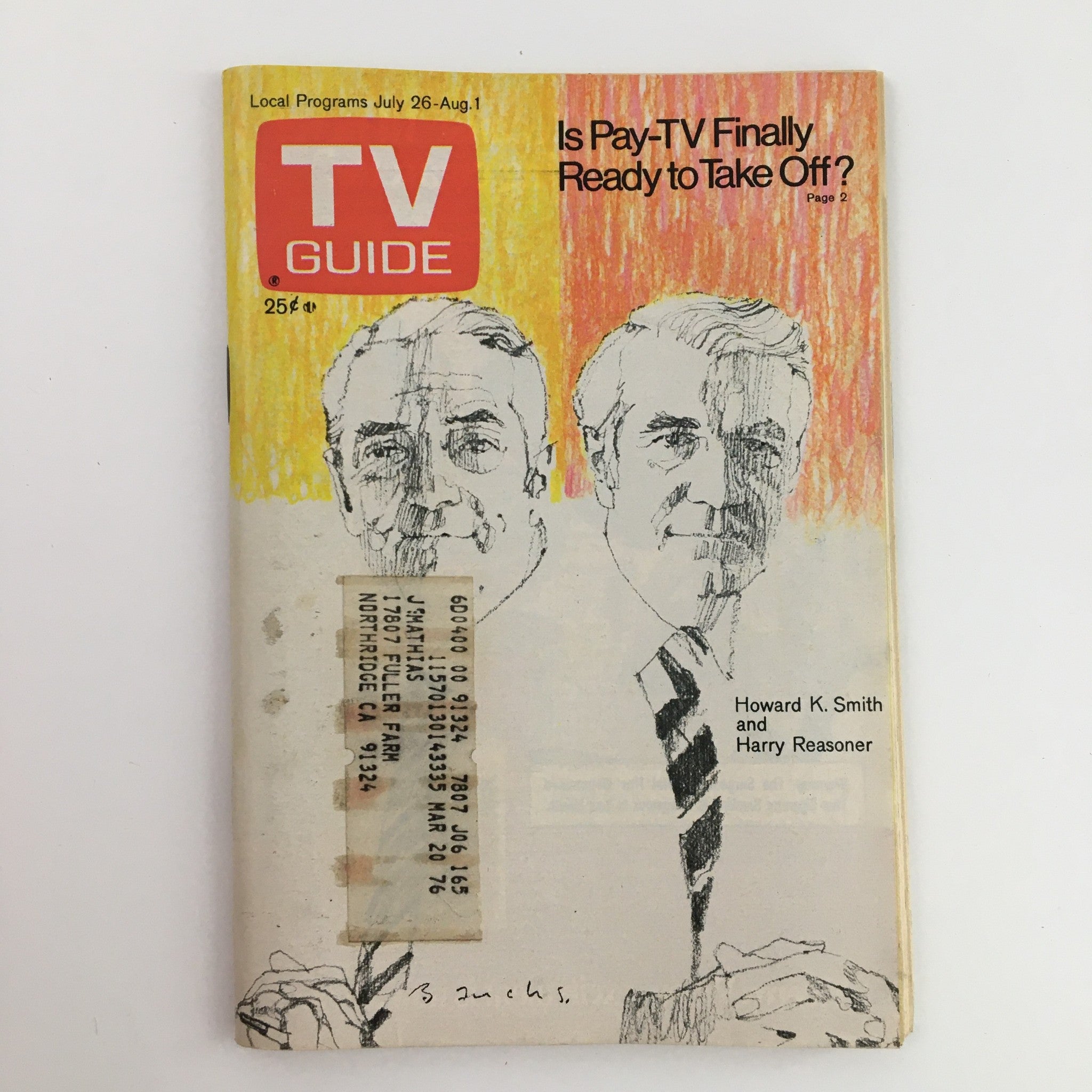 Cover of TV Guide Magazine July 26 1975 featuring Howard K. Smith and Harry Reasoner; an illustration showcasing their portraits on an orange background.