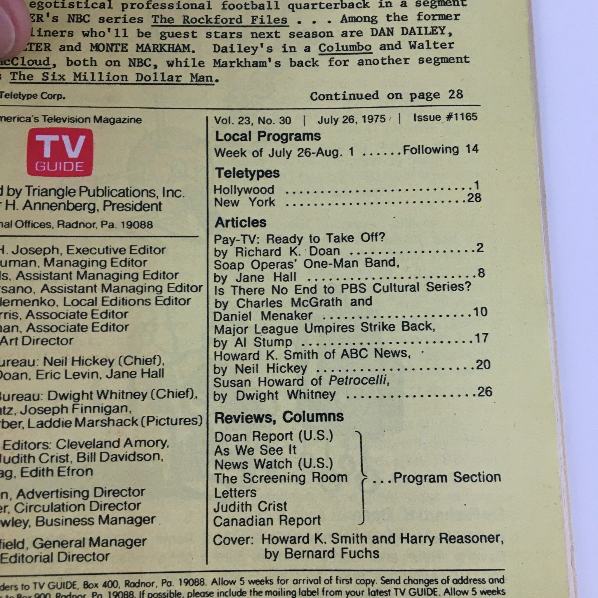 Interior page from TV Guide Magazine July 26 1975 detailing articles and local programs; highlights Howard K. Smith and Harry Reasoner's contributions.