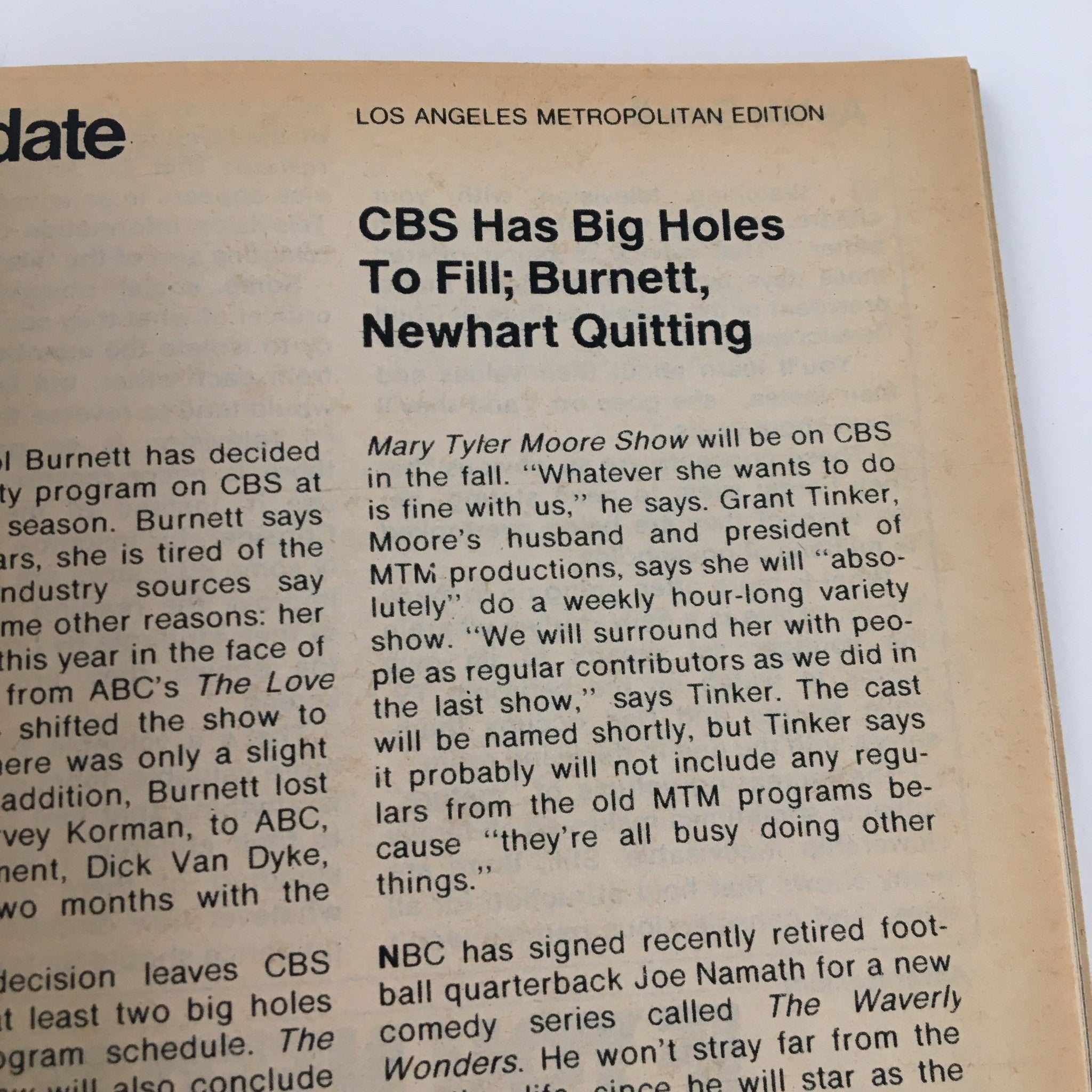 Los Angeles Metropolitan Edition article titled 'CBS Has Big Holes To Fill; Burnett, Newhart Quitting' from TV Guide Magazine February 18 1978.