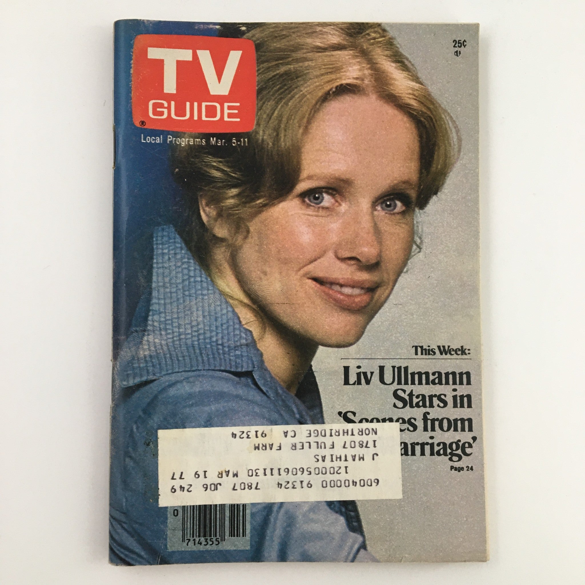 TV Guide Magazine March 5 1977 cover featuring actress Liv Ullmann, highlighting her role in 'Scenes from a Marriage', L.A. Edition.