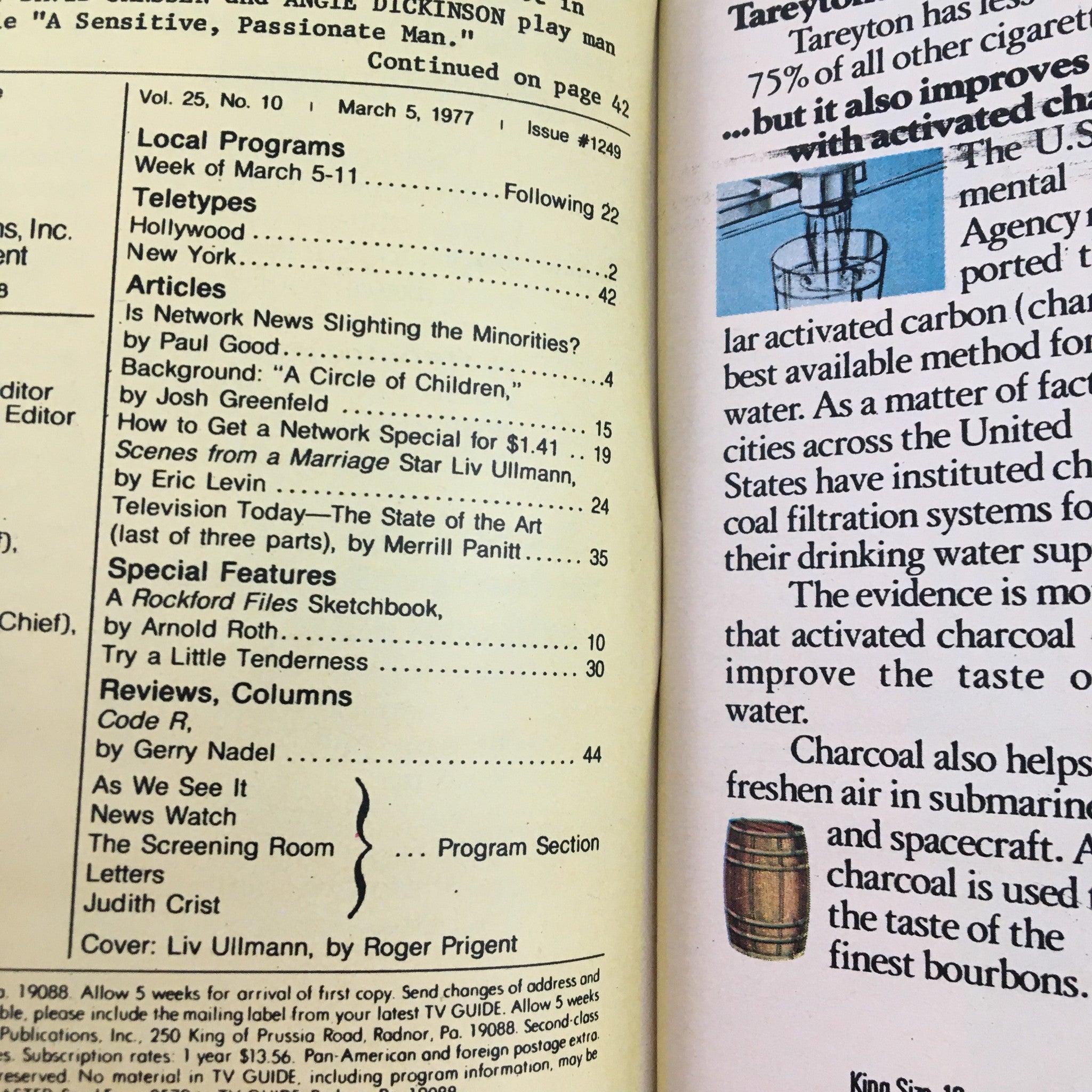 Interior page of the TV Guide Magazine March 5 1977 showing television listings and articles relevant to the week.