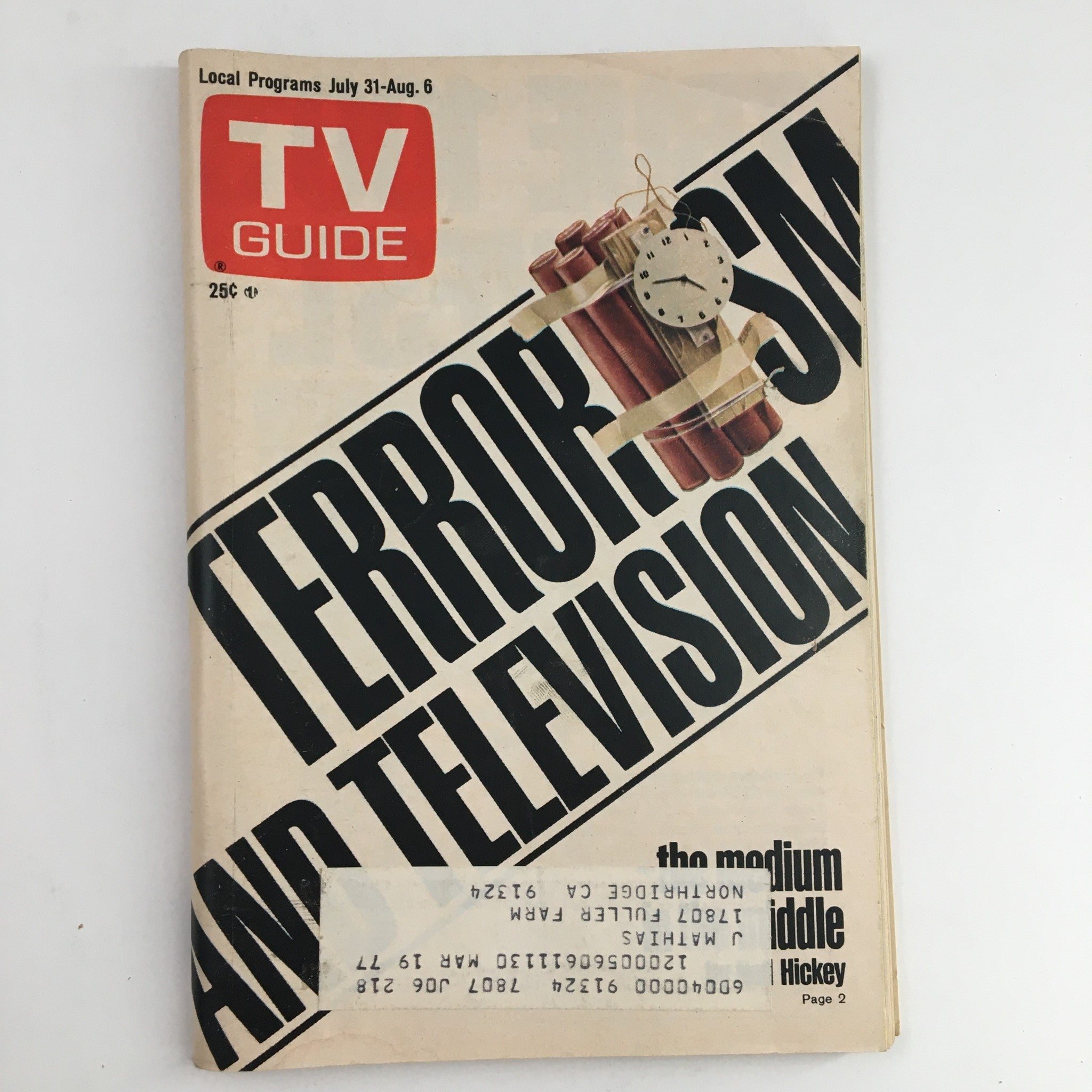 Cover of TV Guide Magazine July 31, 1976, featuring bold text on terrorism and television, showcasing a vintage design with a clock and dynamite illustration.