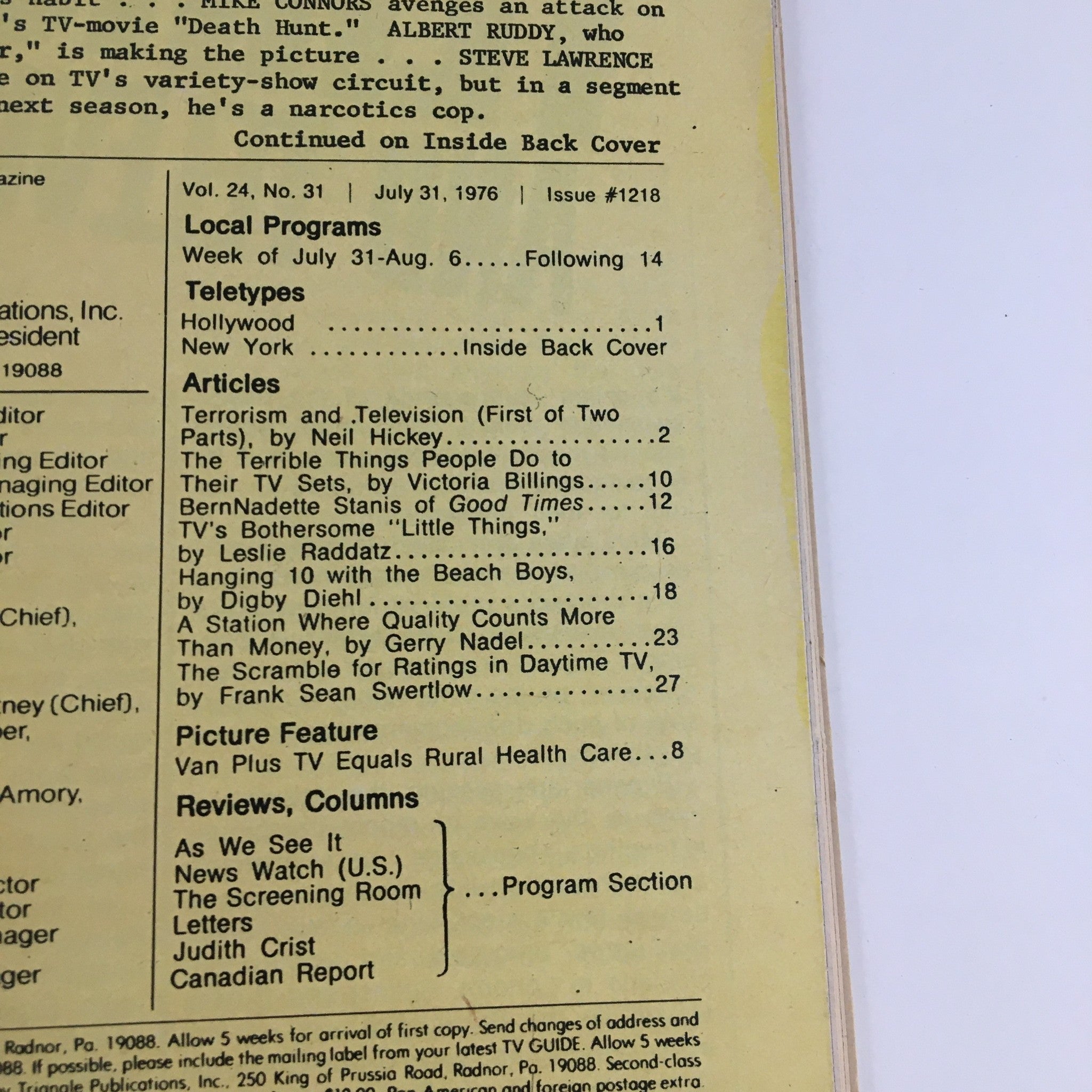 Inside contents page of TV Guide Magazine July 31, 1976, detailing articles and features including 'Terrorism and Television' and listings for local programs.