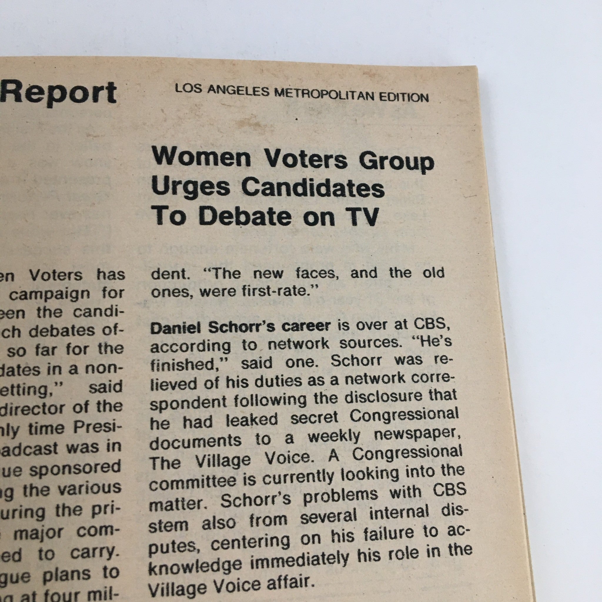 Article excerpt from TV Guide Magazine July 31, 1976, reporting on Women Voters Group urging candidates to debate on TV, reflecting societal issues of the era.