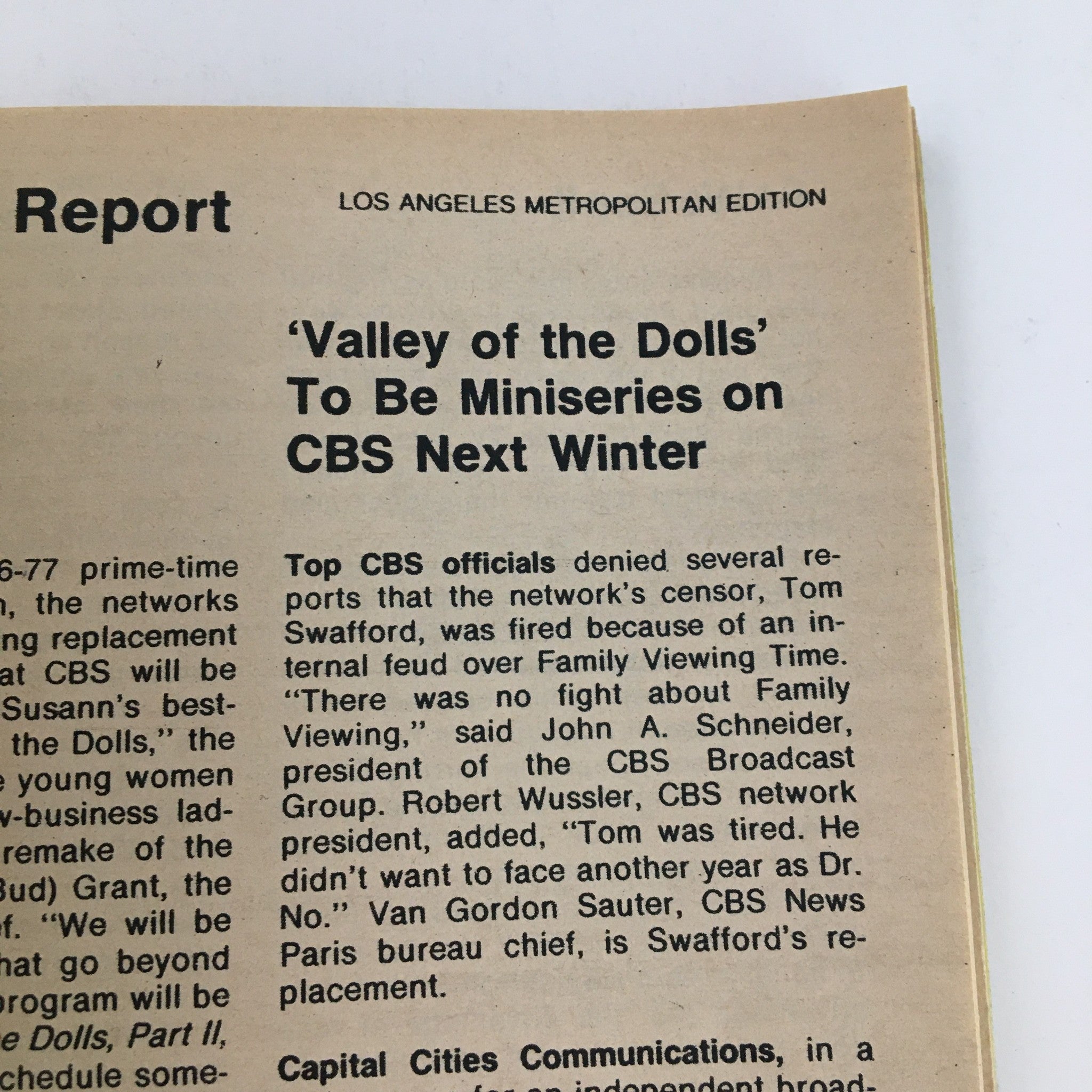 Close-up of the article from TV Guide Magazine July 17, 1976, discussing the miniseries adaptation of 'Valley of the Dolls' on CBS, showcasing vintage journalism and cultural insights related to television programming during the 1976 Olympics.