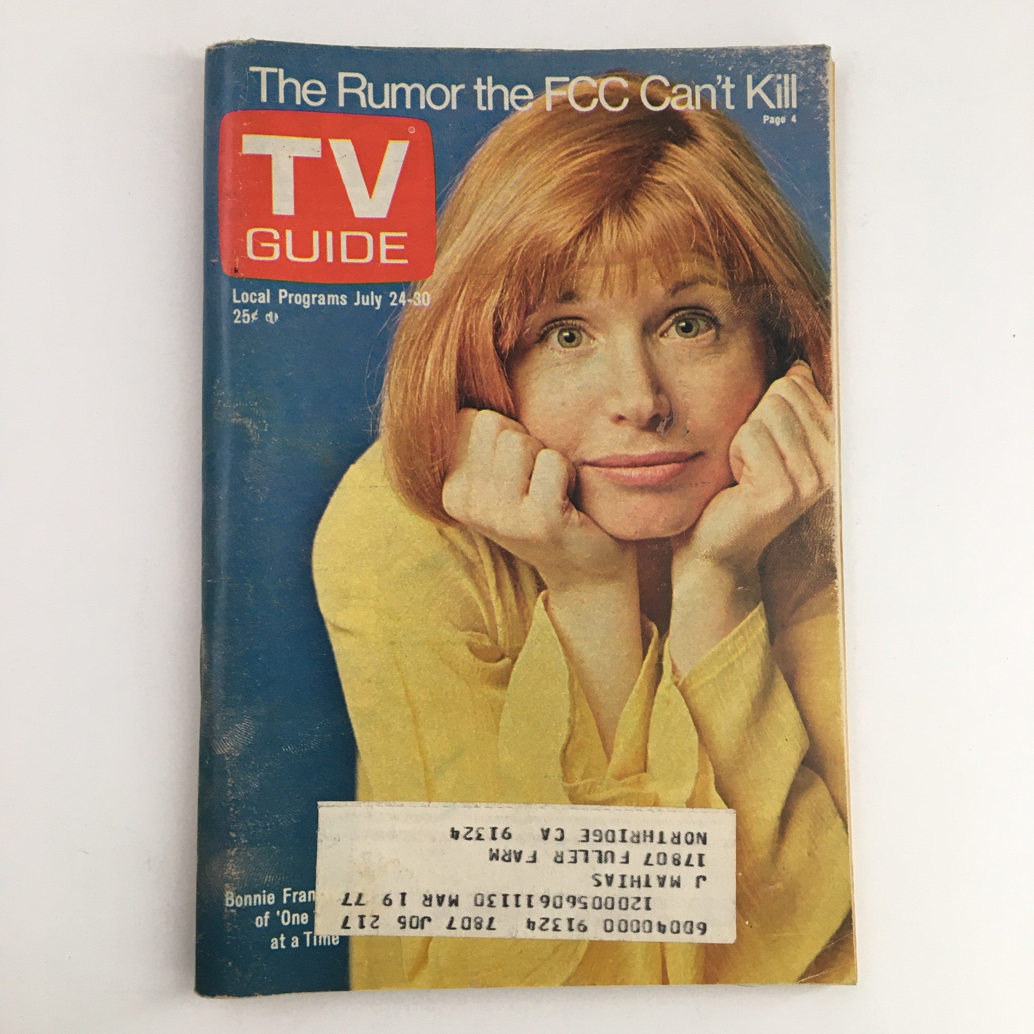 TV Guide Magazine July 24 1976 featuring Bonnie Franklin on the cover, showcasing a classic vintage design and retro appeal with notable wear and an address label.