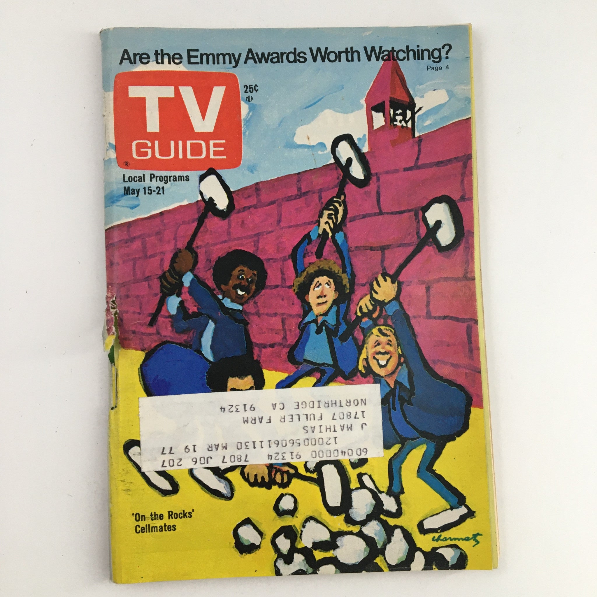 Cover of TV Guide Magazine May 15, 1976, titled 'On The Rocks' featuring colorful illustration of cellmates engaged in activities, highlighting themes from the mid-1970s television era.