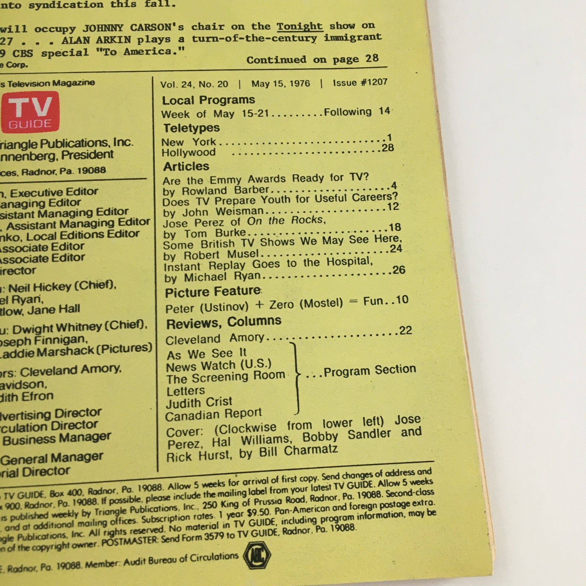 The back cover of the TV Guide Magazine May 15, 1976, featuring listings of local programs and articles including 'Are the Emmy Awards Ready for TV?' and 'Does TV Prepare Youth for Useful Careers?'. This edition emphasizes the television landscape of the mid-1970s.