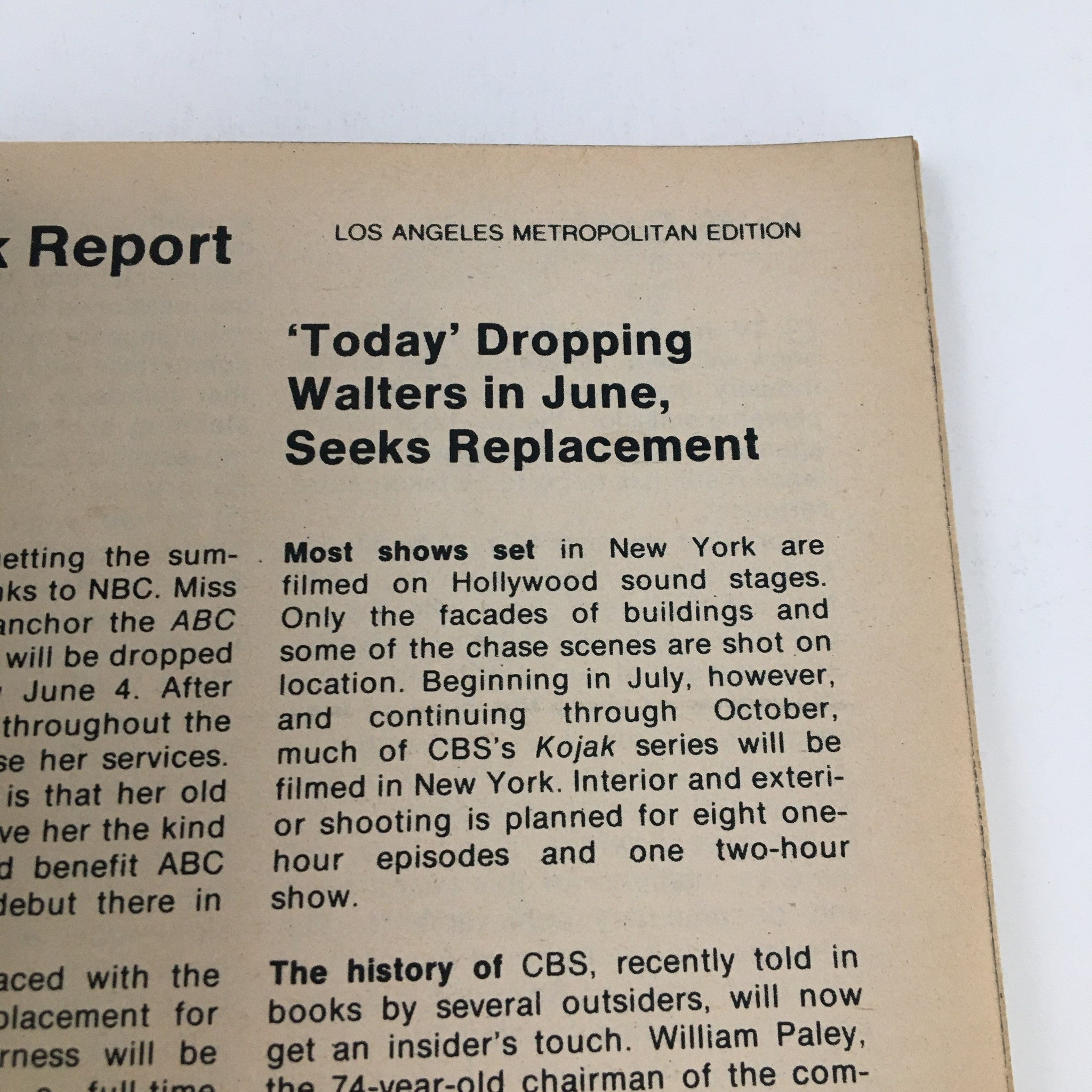 The front interior page of the TV Guide Magazine May 15, 1976, reporting on programming changes for the CBS network, including a note about Barbara Walters and the filming locations of television shows. A reflection of television industry dynamics during the 1970s.
