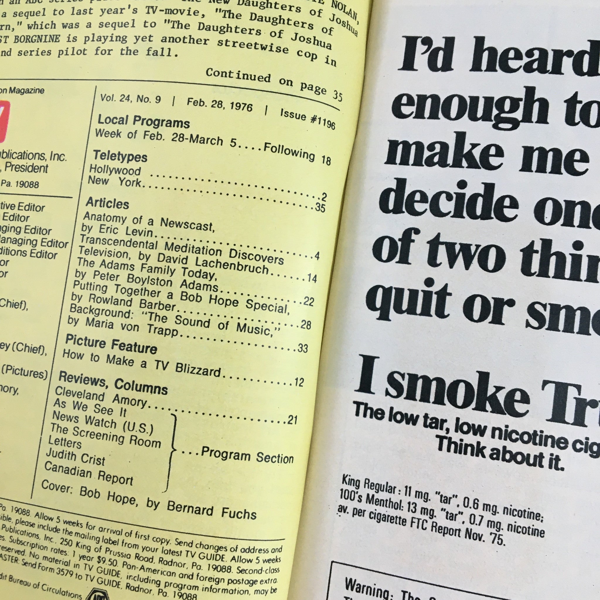 Inside page of TV Guide Magazine February 28 1976 displaying the magazine's table of contents and articles including Bob Hope.