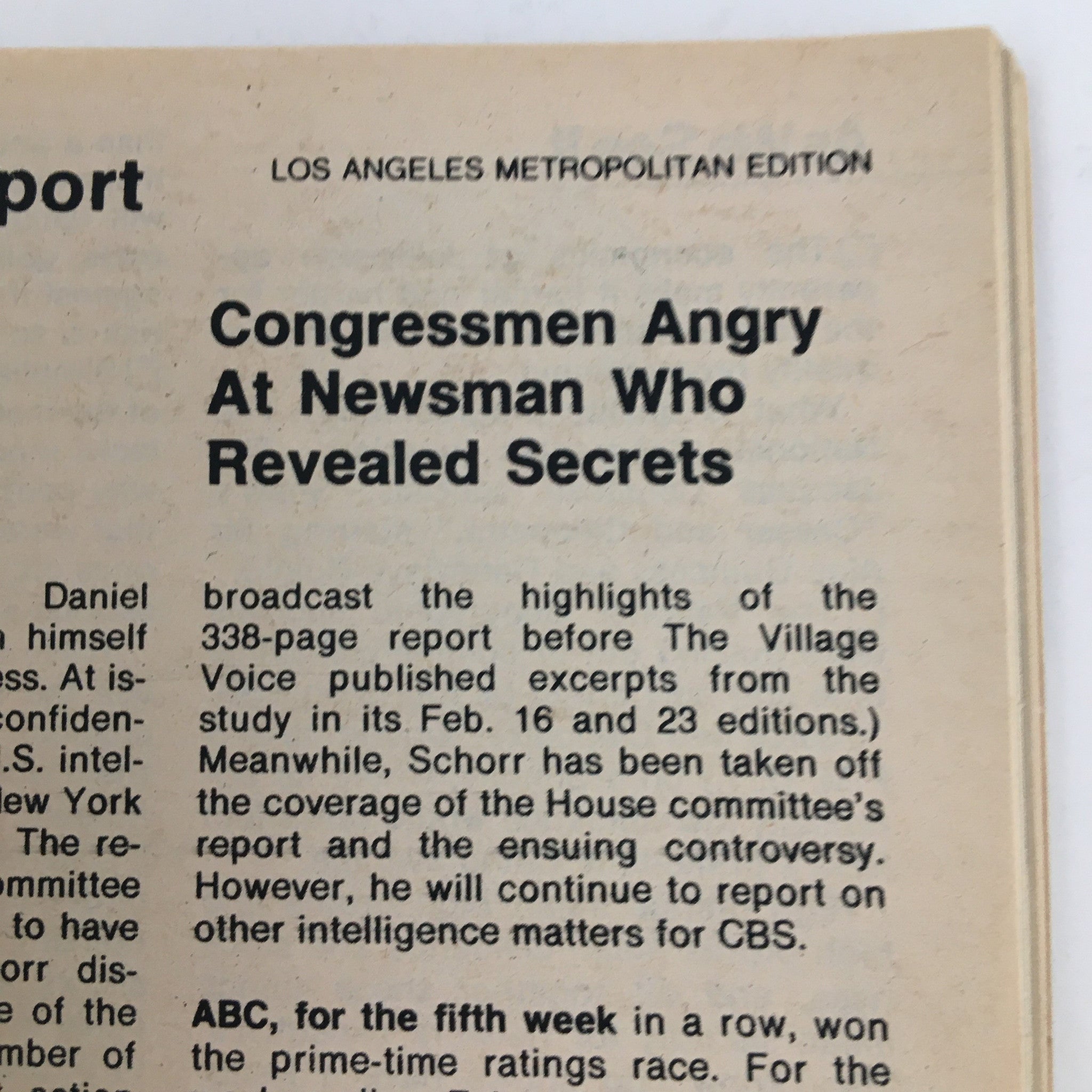 Back cover excerpt of TV Guide Magazine February 28 1976 with a headline discussing Congressmen's reaction to a newsman's revelations.