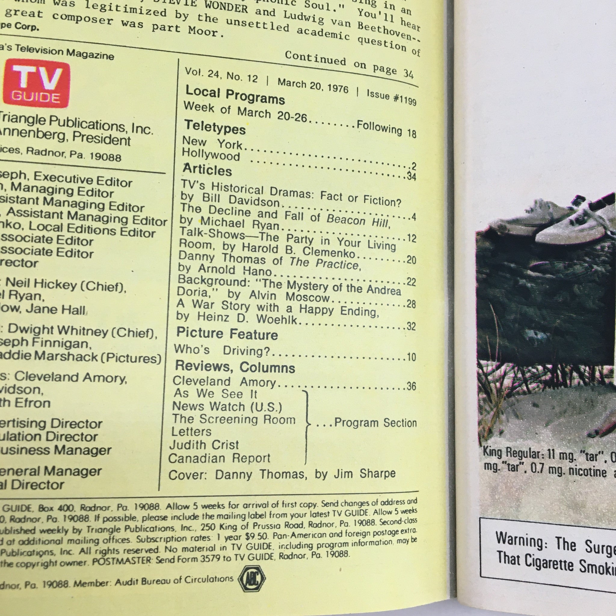 Inside page of TV Guide Magazine March 20 1976 displaying articles and television listings from the era, highlighting the contents of issue #1199.