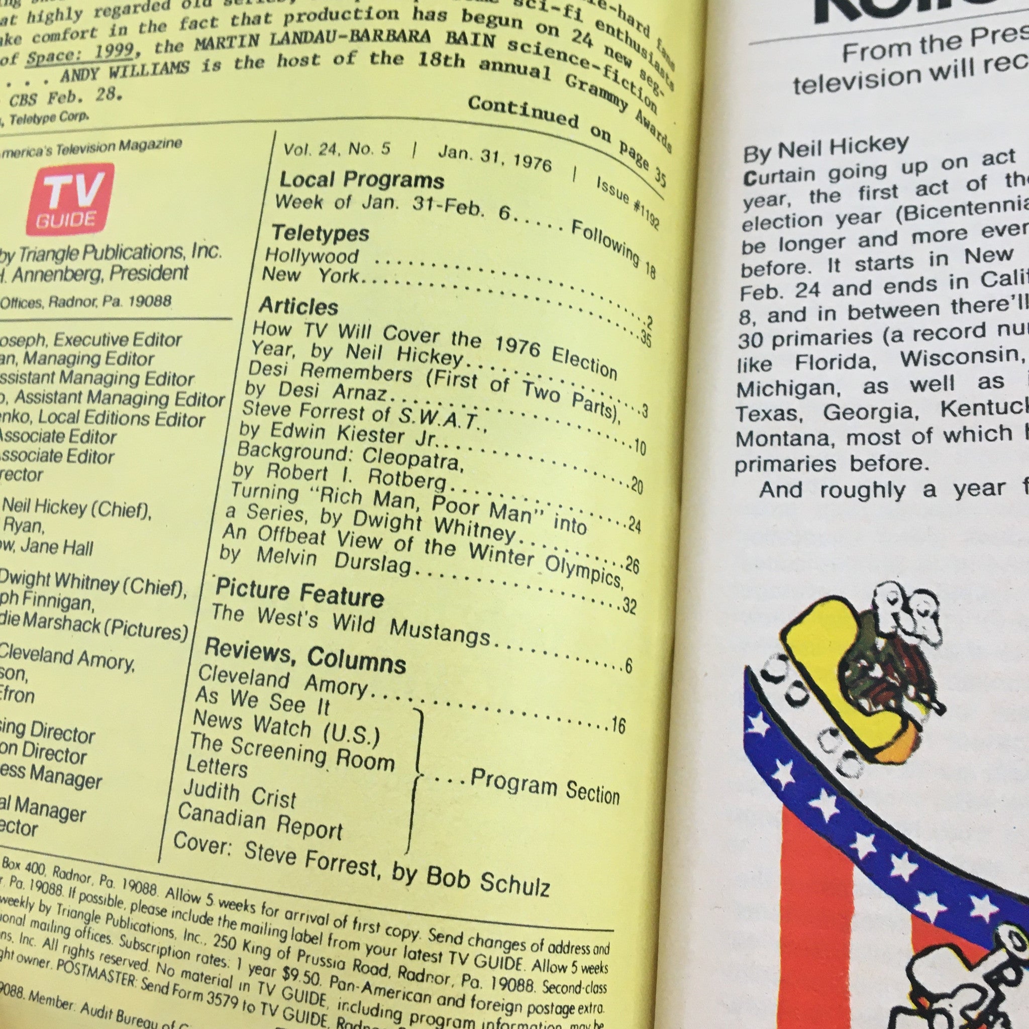 Table of contents from TV Guide Magazine January 31 1976 featuring Steve Forrest of SWAT and articles on popular television programs, showcasing a glimpse of 1970s TV history.