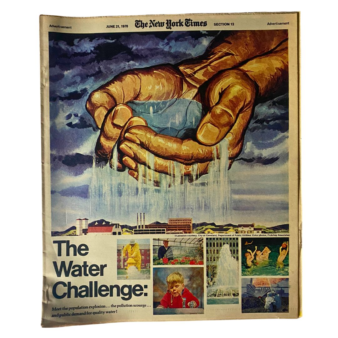 The New York Times Magazine June 21 1970 The Water Challenge cover featuring an artistic representation of hands pouring water, highlighting the theme of water conservation and pollution awareness.