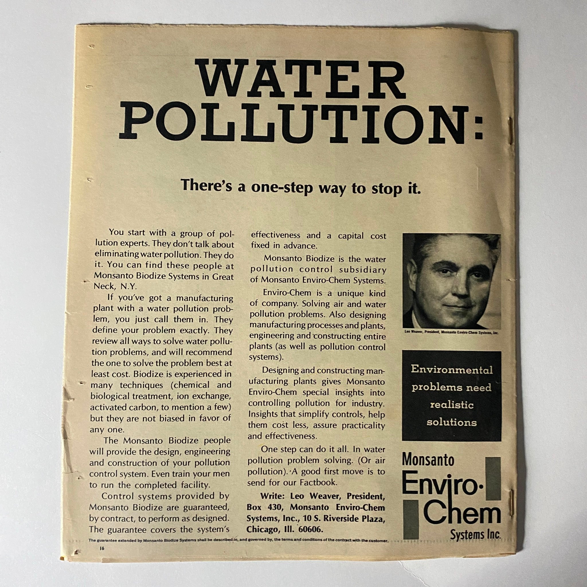 The New York Times Magazine June 21 1970 The Water Challenge back cover with an article titled 'WATER POLLUTION:' discussing solutions for water pollution control by Monsanto Enviro-Chem Systems.