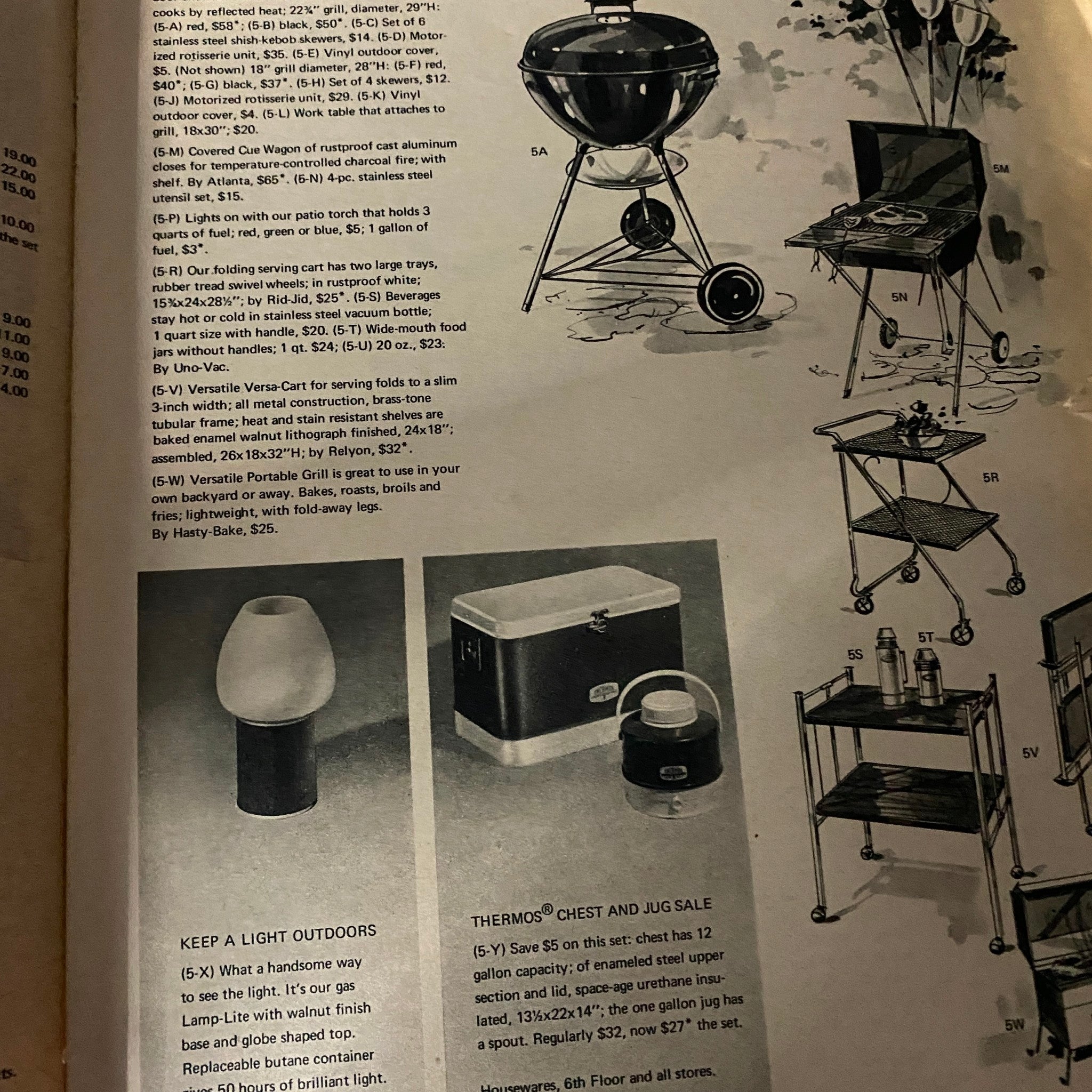 Illustrated guide for outdoor cooking equipment, featuring BBQ grills and portable appliances from The New York Times Magazine Bloomingdale's No Label.