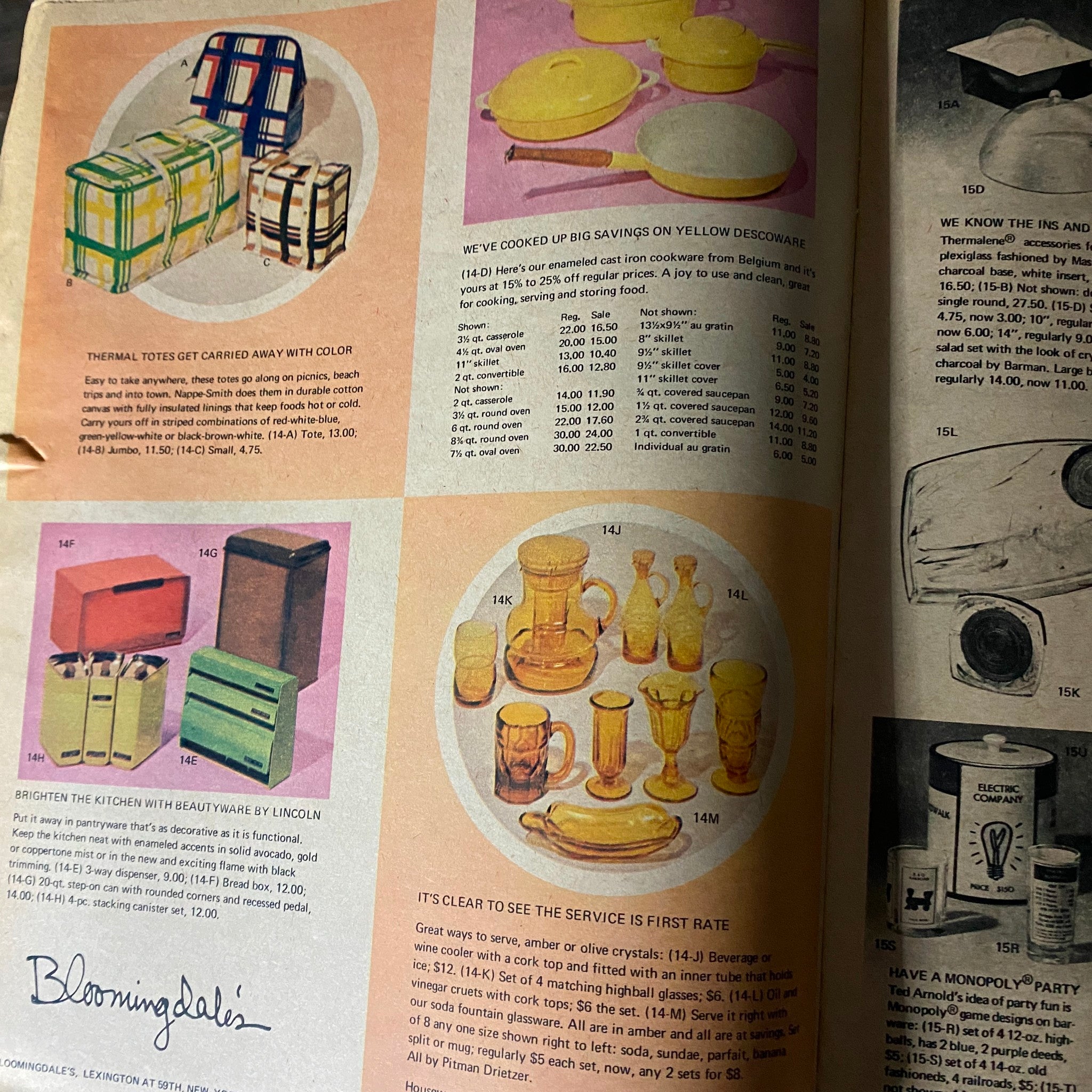 Colorful selection of vintage thermal tote bags and kitchenware in a vibrant layout, as seen in The New York Times Magazine Bloomingdale's No Label.
