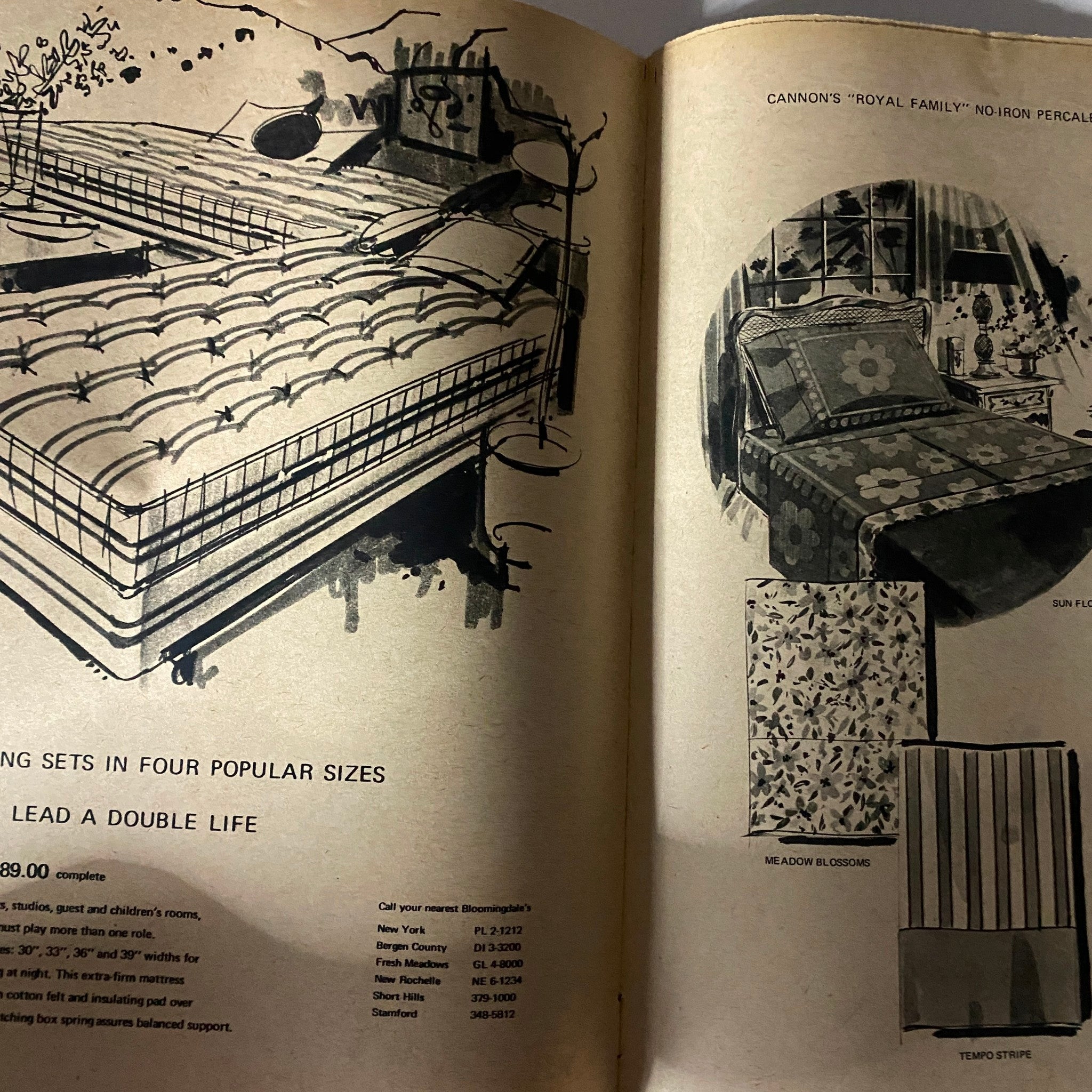 Inside page of The New York Times Magazine Bloomingdale's No Label featuring vintage bed linens and mattress designs with artistic illustrations.