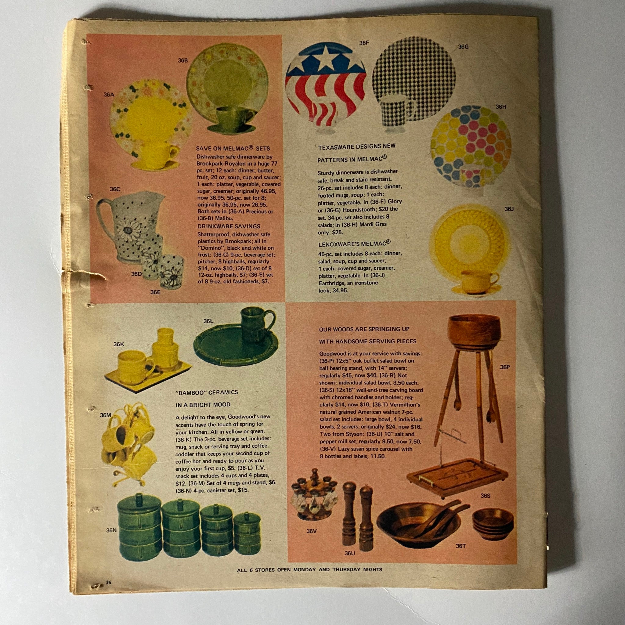 Second page of The New York Times Magazine Bloomingdale's No Label showcasing colorful dinnerware and kitchen accessories with a retro design aesthetic.
