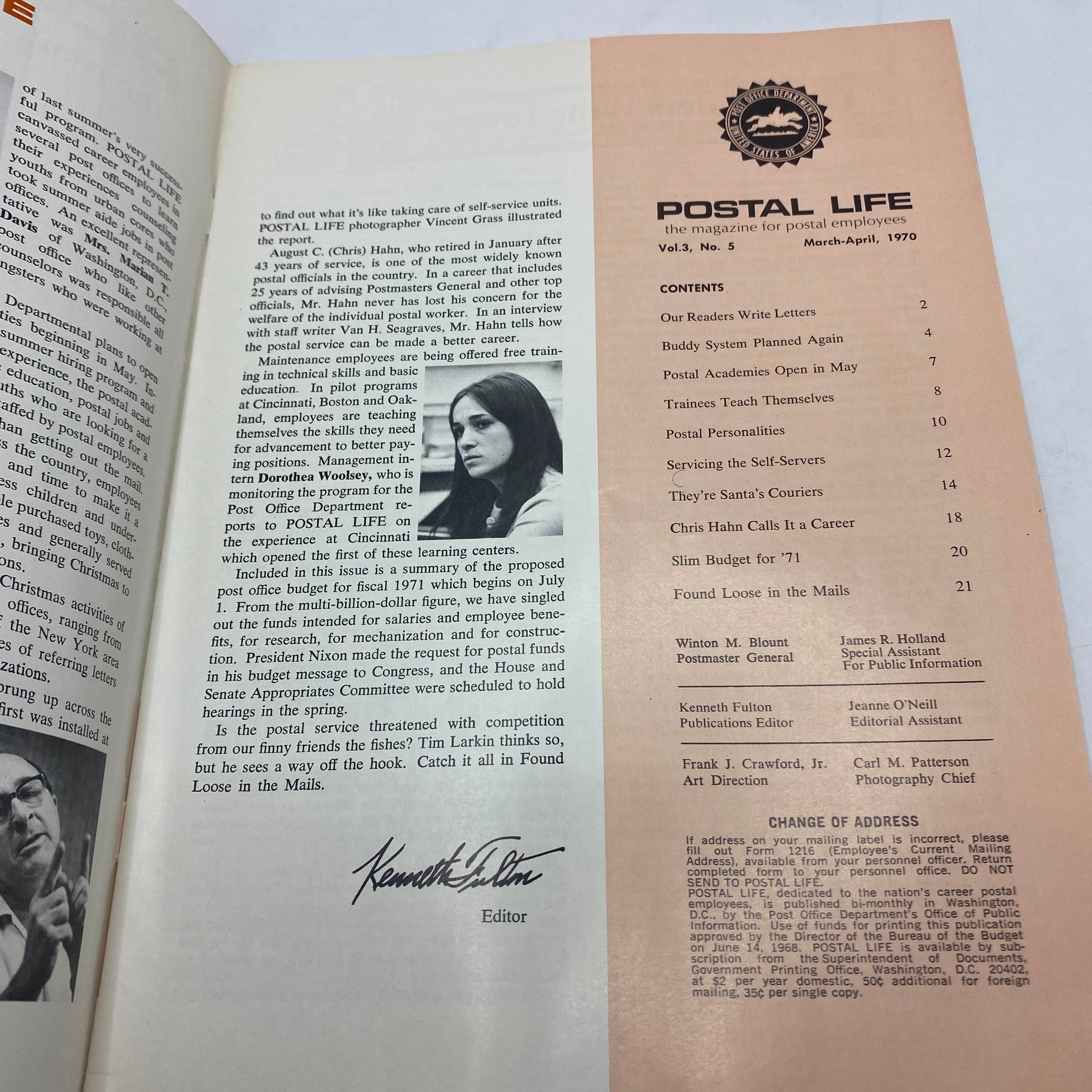 Inside page of VTG Postal Life Magazine March - April 1970 showcasing editorial content and a photograph of a young woman, edited by Kenneth Fulton.