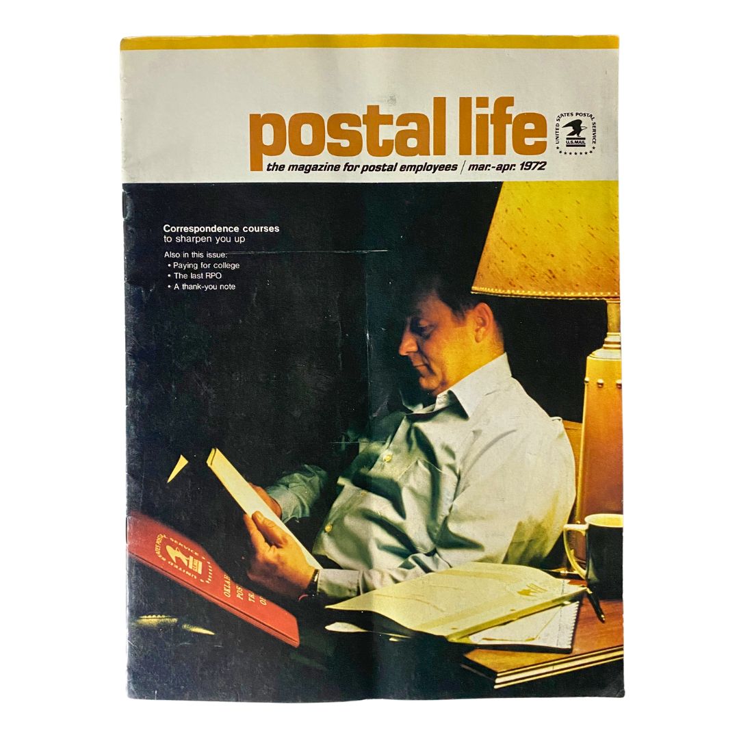 VTG Postal Life Magazine March 1972 cover featuring a man reading, highlighting correspondence courses to sharpen skills and showcasing vintage design.