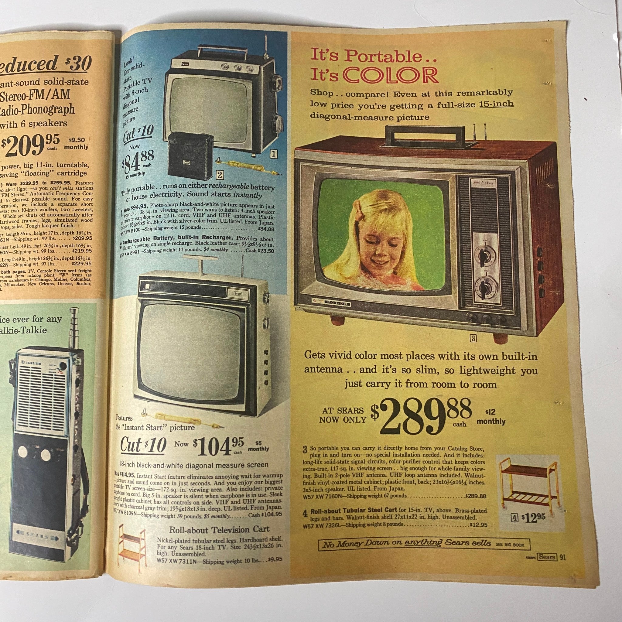 1967 Sears Timely Back To School Catalog featuring vintage portable televisions, showcasing a 15-inch diagonal television with promotional pricing, emphasizing mid-century electronics.