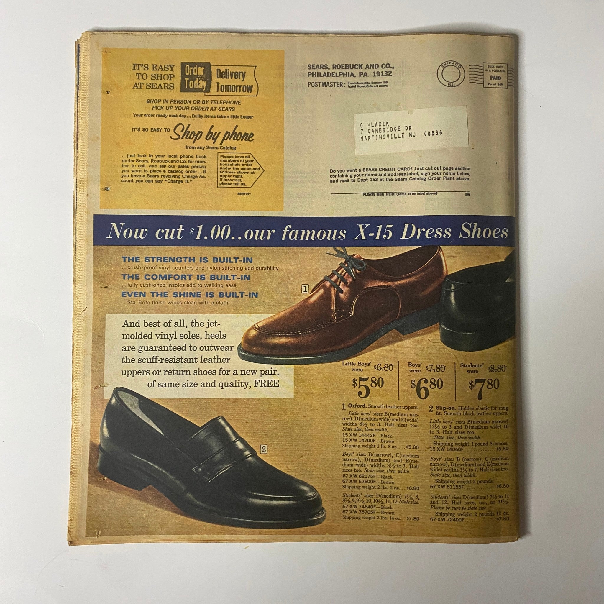 1967 Sears Timely Back To School Catalog displaying X-15 Dress Shoes with price details, illustrating classic footwear options in the context of 1960s American fashion.