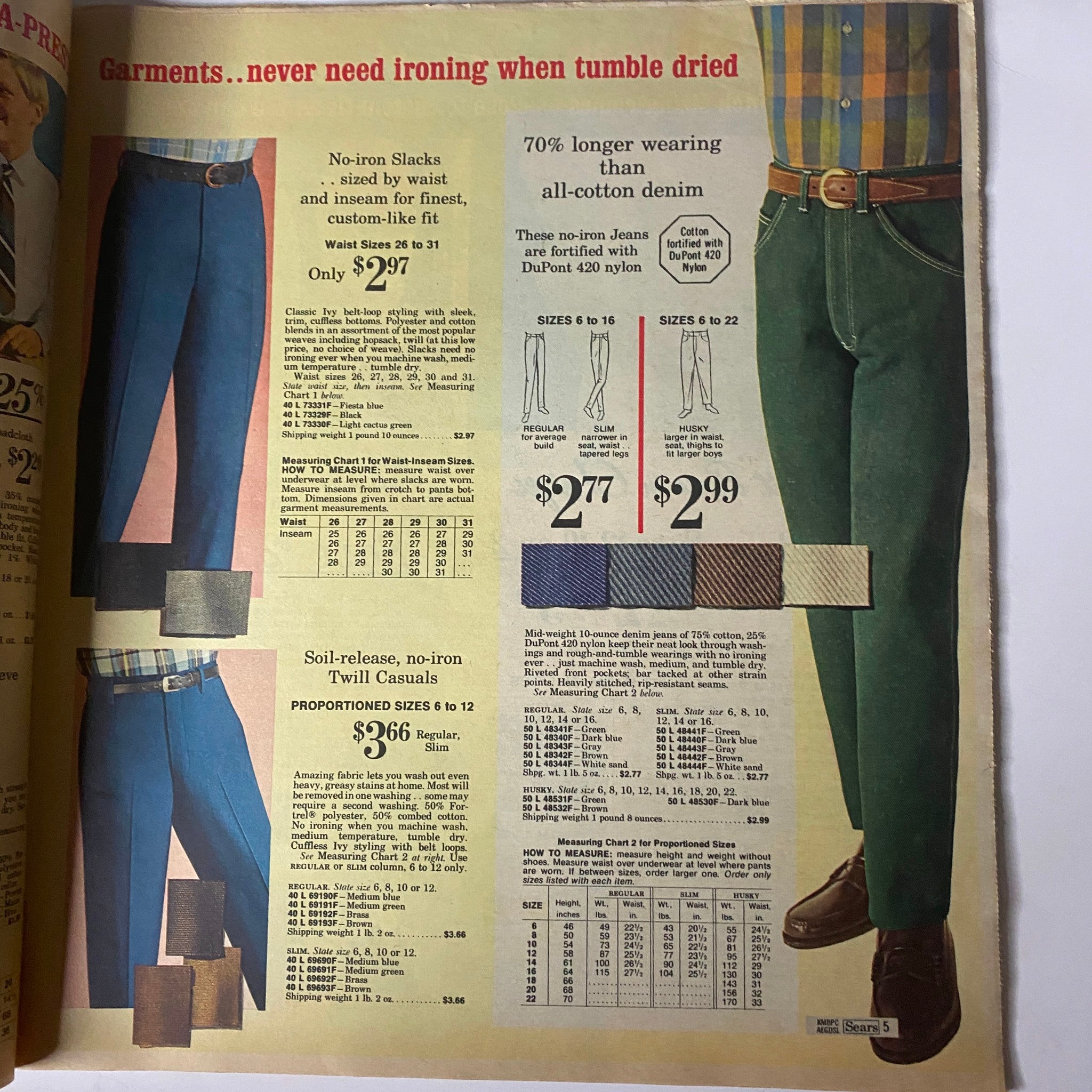 Inside view of the 1968 Sears Perma-Prest Casuals Catalog displaying no-iron slacks and soil-release casuals, with pricing, size options, and product information.