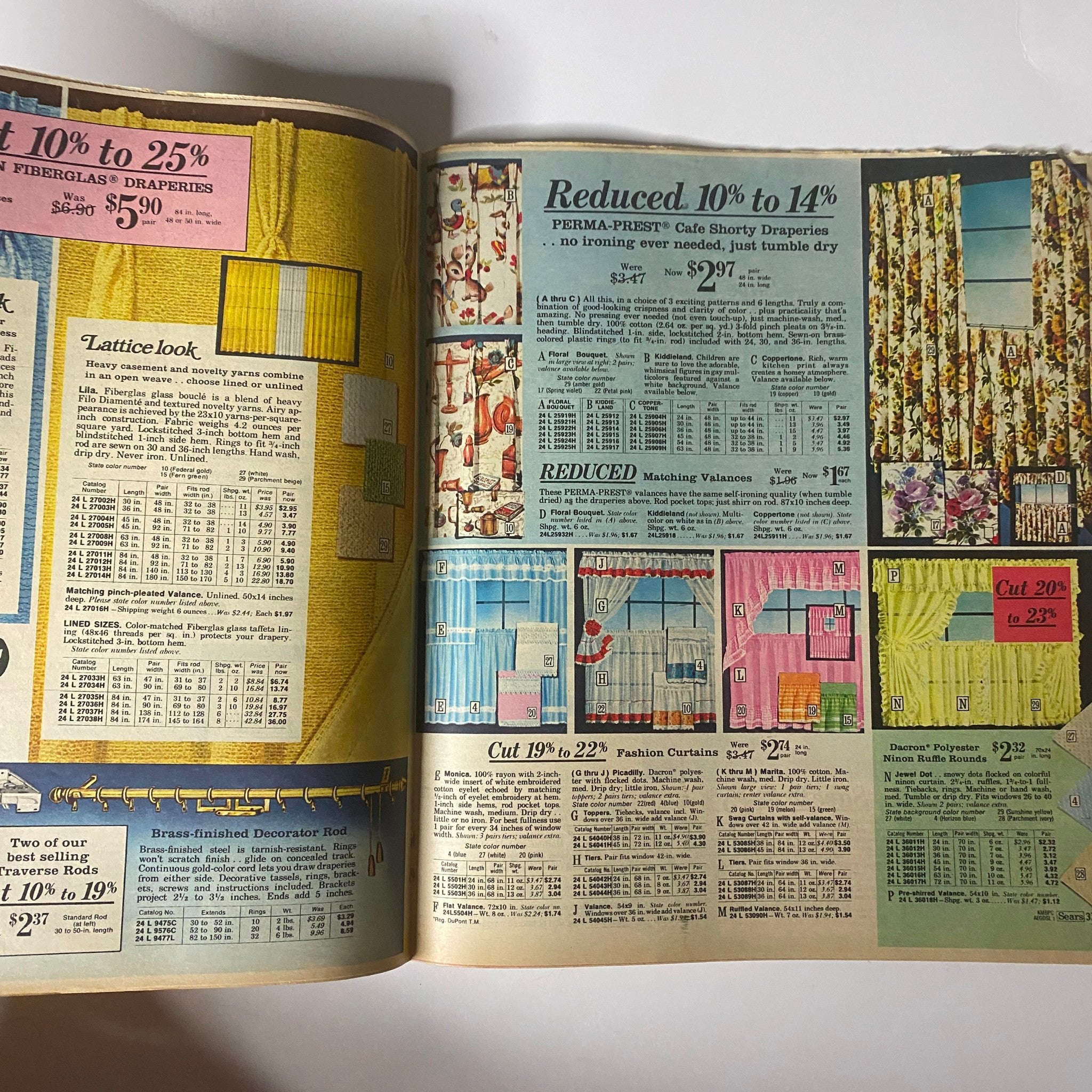 1968 Sears Perma-Prest Casuals Catalog presenting home textiles such as curtains and draperies, emphasizing vibrant patterns and ease of maintenance.