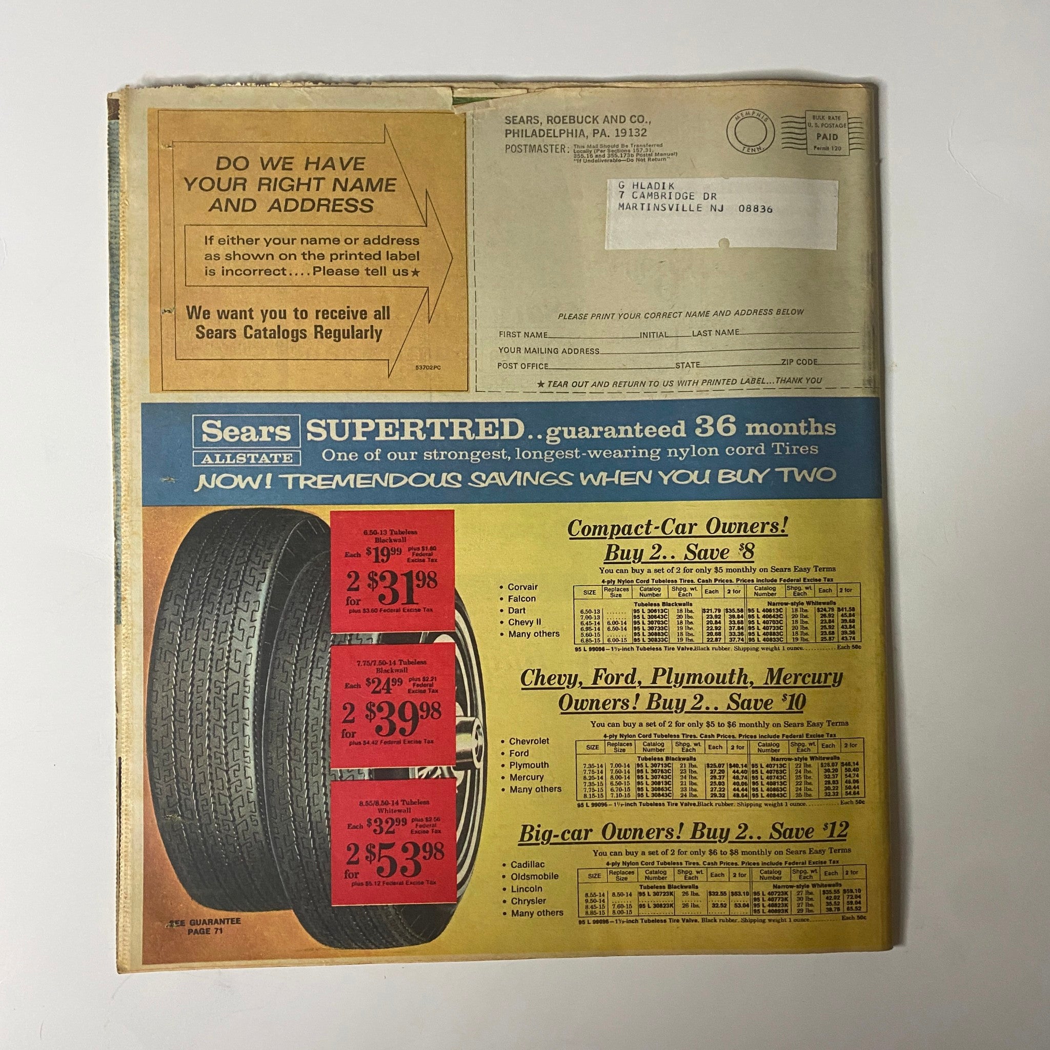 Back cover of the 1968 Sears Perma-Prest Casuals Catalog featuring a tire advertisement and promotional offers for various tire sizes. Highlights include savings on nylon cord tires, showcasing Sears' commitment to quality and affordability.