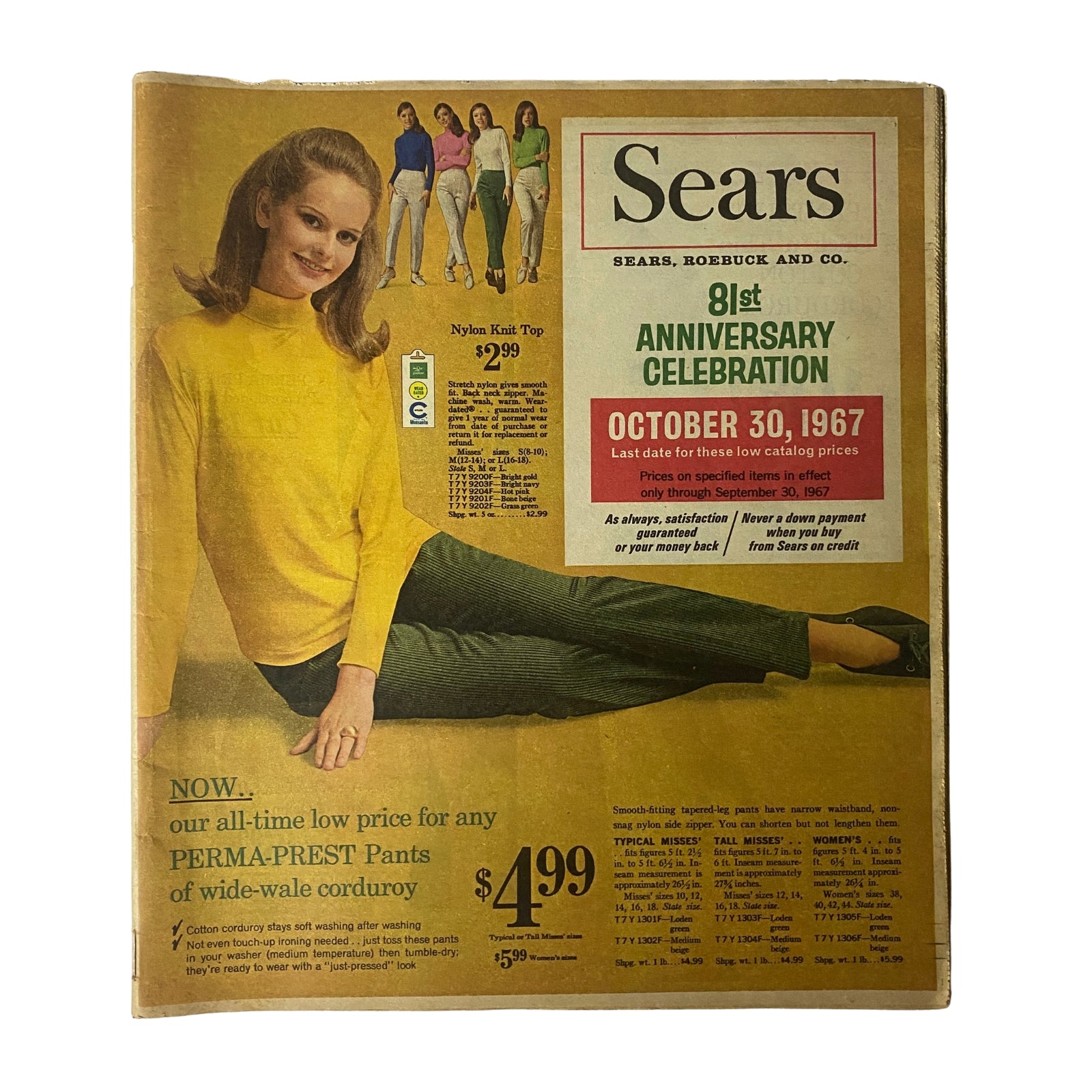 Cover of the 1967 Sears Perma-Prest Pants Catalog featuring a model in a yellow top and green pants, highlighting the anniversary celebration and pricing.