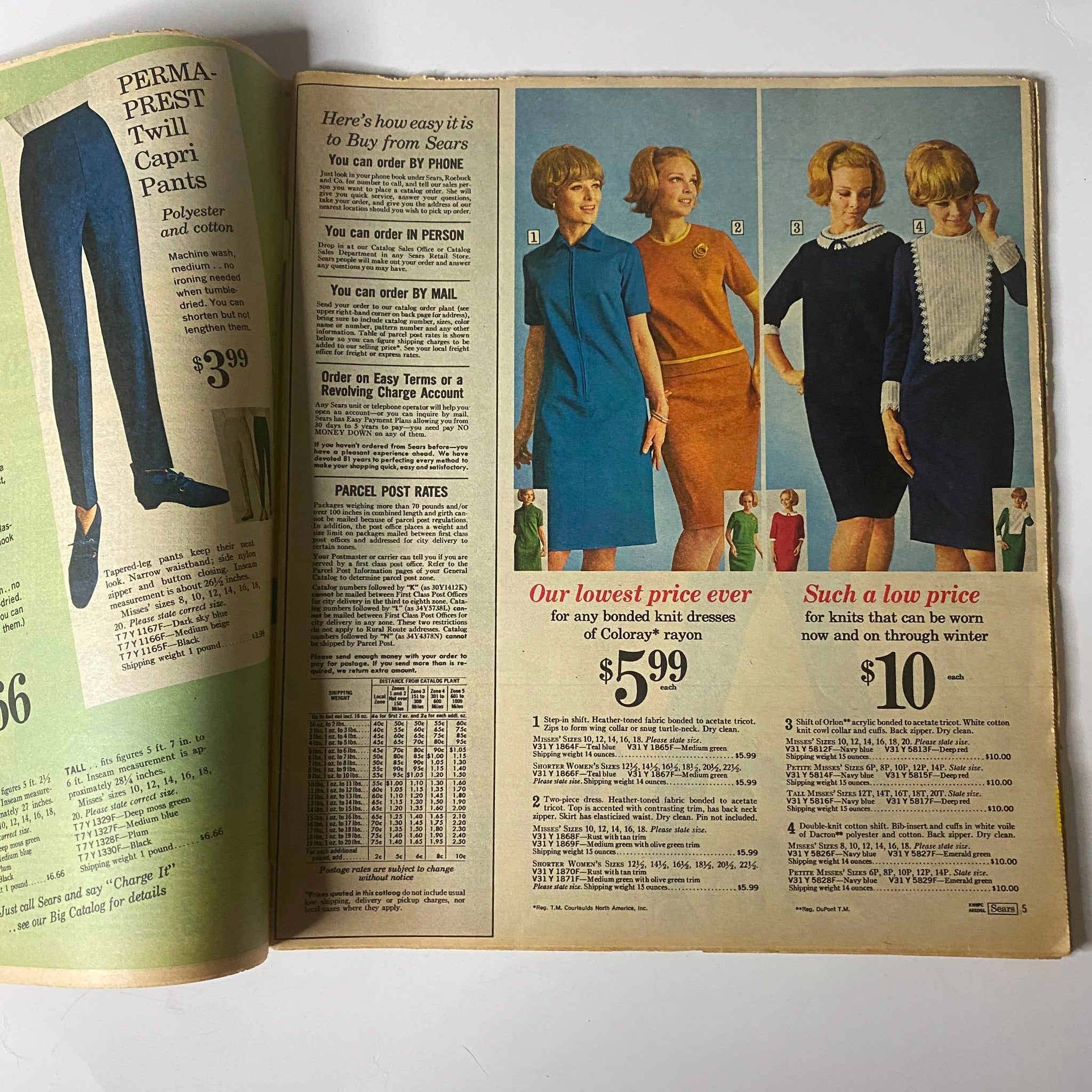 Inside spread of the 1967 Sears Perma-Prest Pants Catalog showcasing various women's dresses with affordable prices, including options for Coloray® rayon.