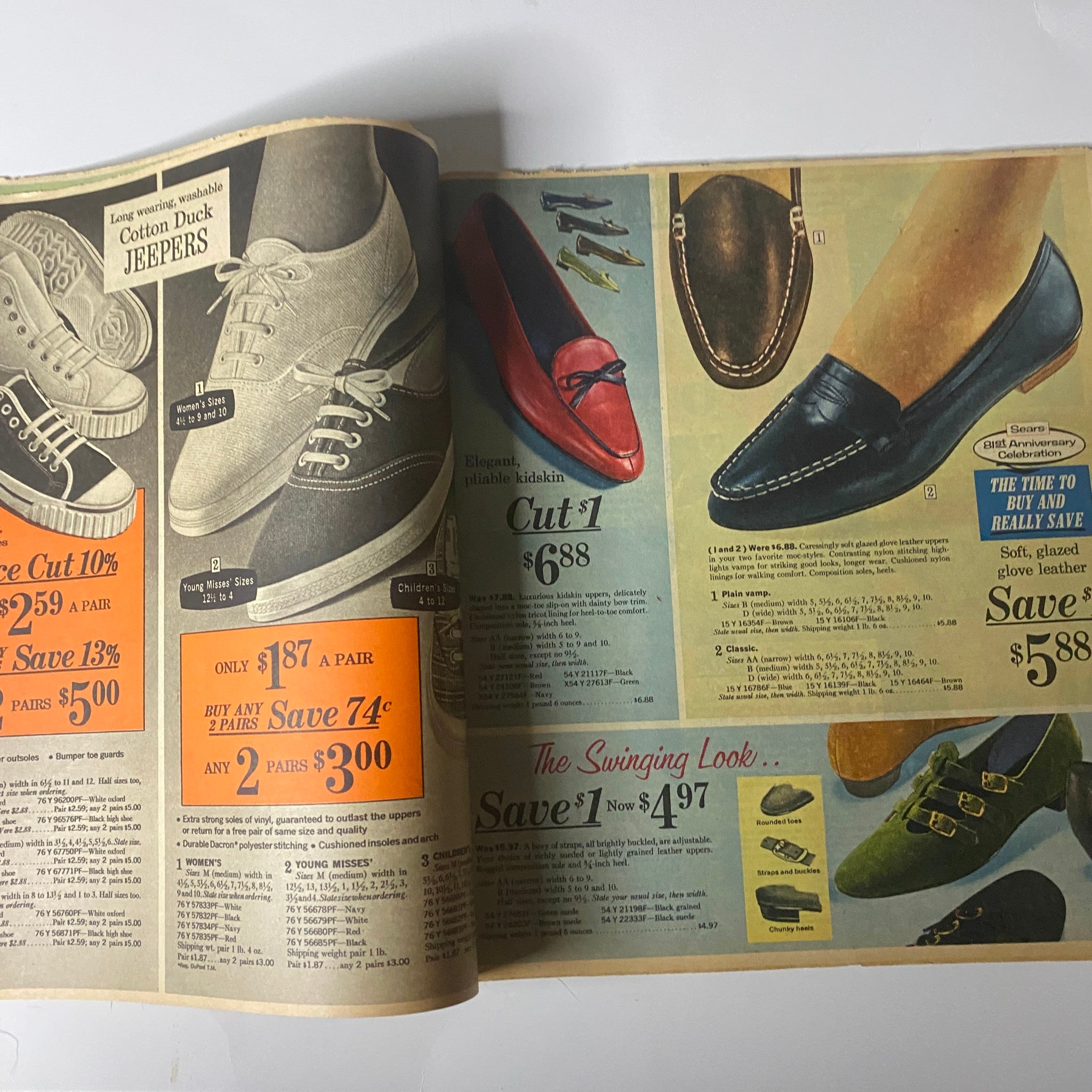 Interior page of the 1967 Sears Perma-Prest Pants Catalog displaying footwear advertisements, including various styles with price details.