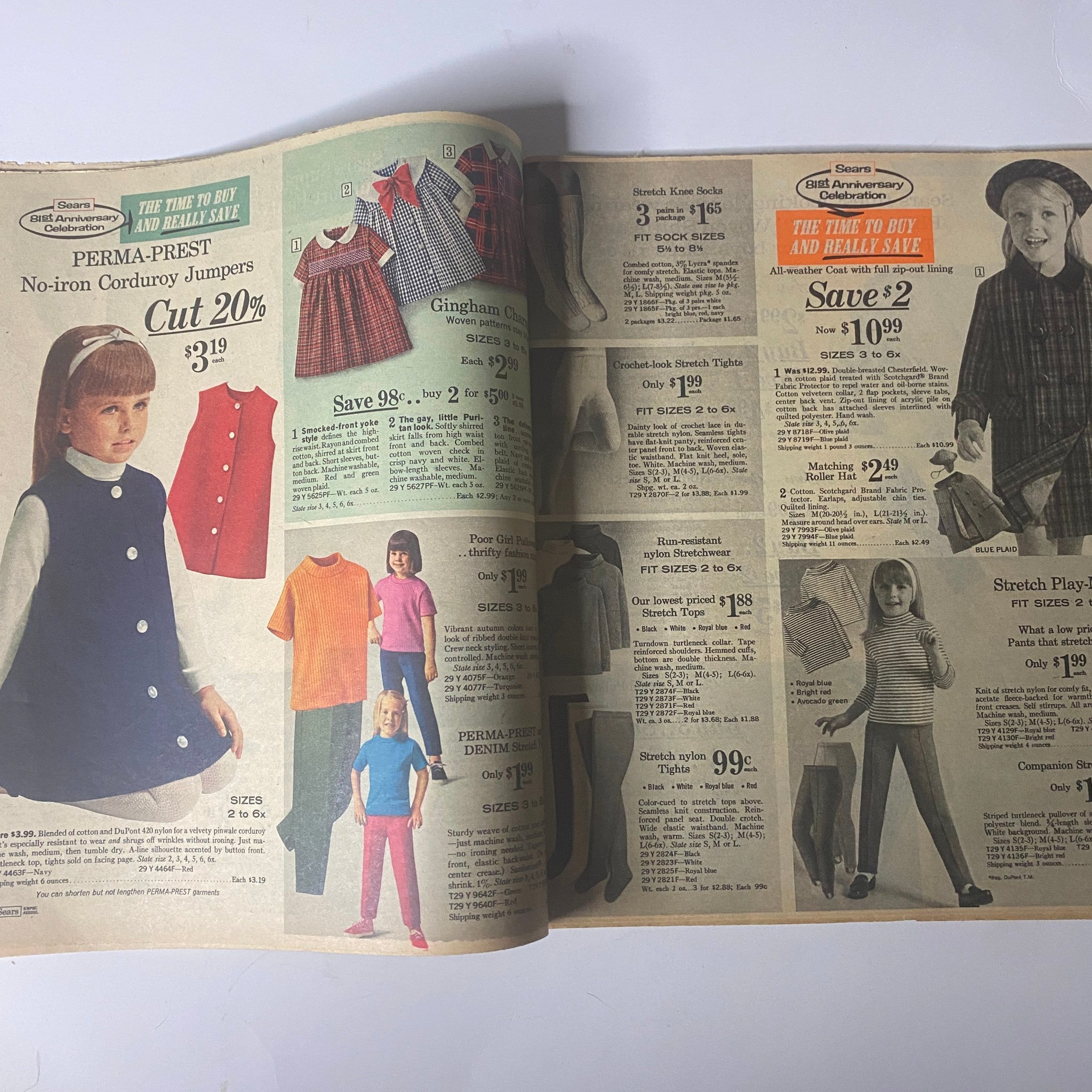 Page from the 1967 Sears Perma-Prest Pants Catalog featuring children's clothing options including no-iron corduroy jumpers and promotions.